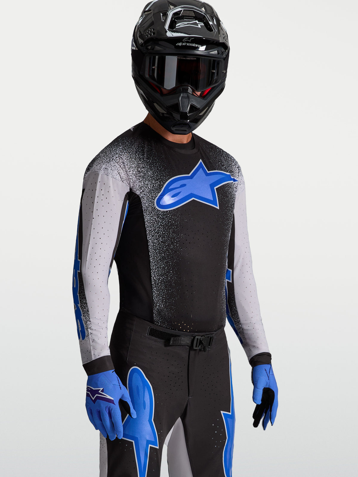 Alpinestars jersey Supertech Hiten AFD, jersey de motocross para hombre, negro y azul, con tecnología AFD y malla elástica para carreras todoterreno