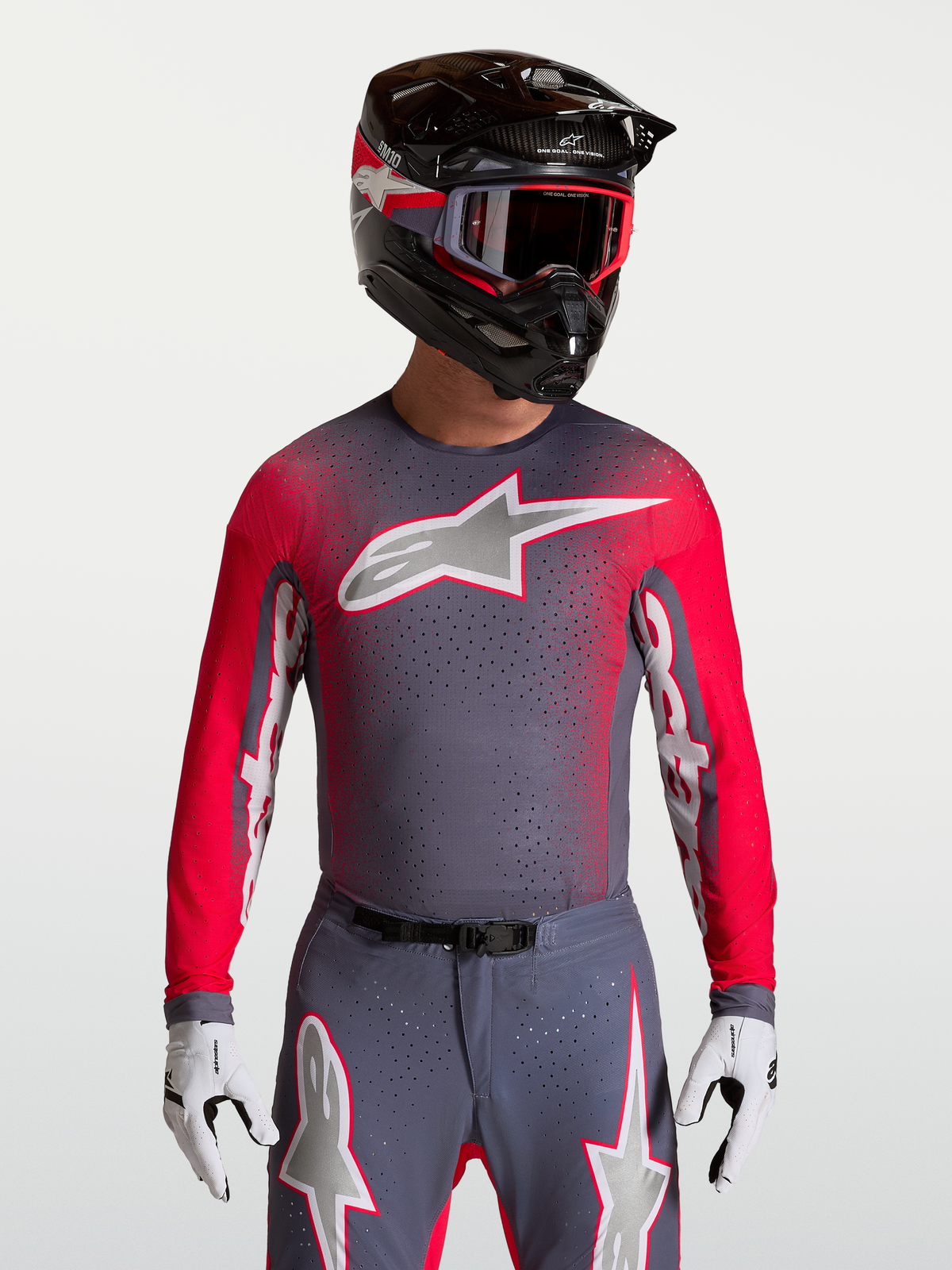 Jersey Alpinestars Supertech Hiten AFD, camiseta de motocross para hombre, gris y rojo fluorescente, malla ventilada premium y ajuste atlético