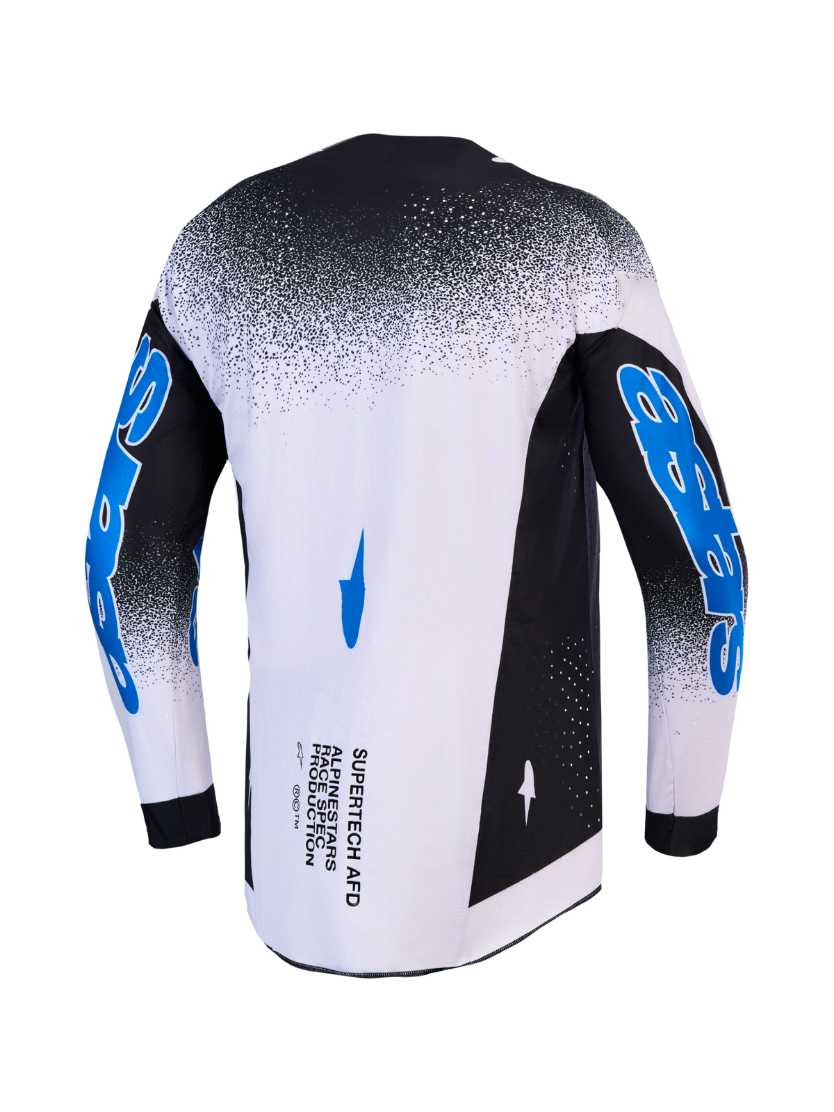 Alpinestars Supertech Hiten AFD, jersey de motocross de hombre, negro y blanco con gráficos azules en mangas, vista trasera