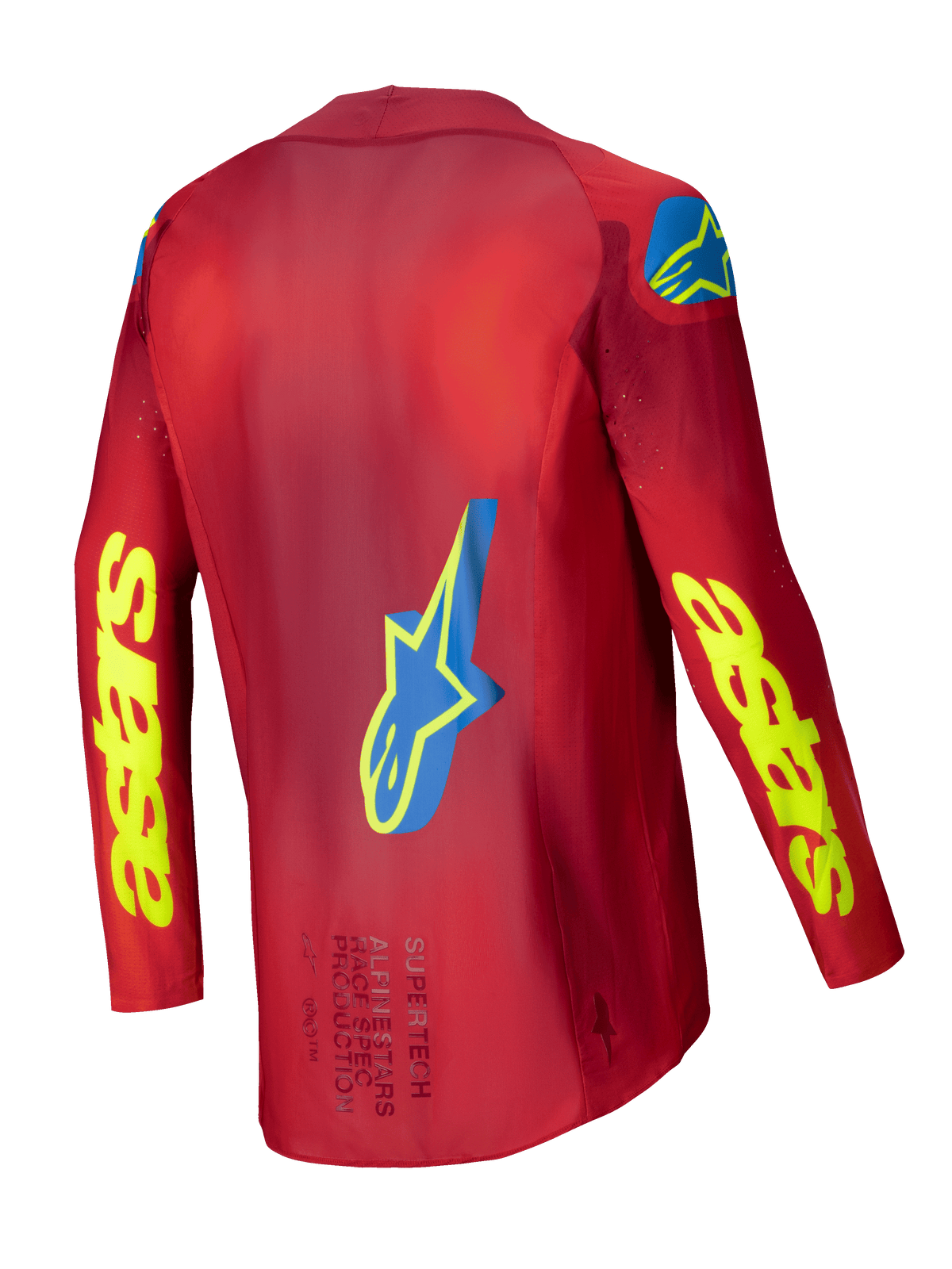 Alpinestars Jersey Supertech Maker 2025, jersey de motocross para hombre, rojo brillante y amarillo fluo, vista trasera que muestra la construcción de malla elástica y detalles gráficos