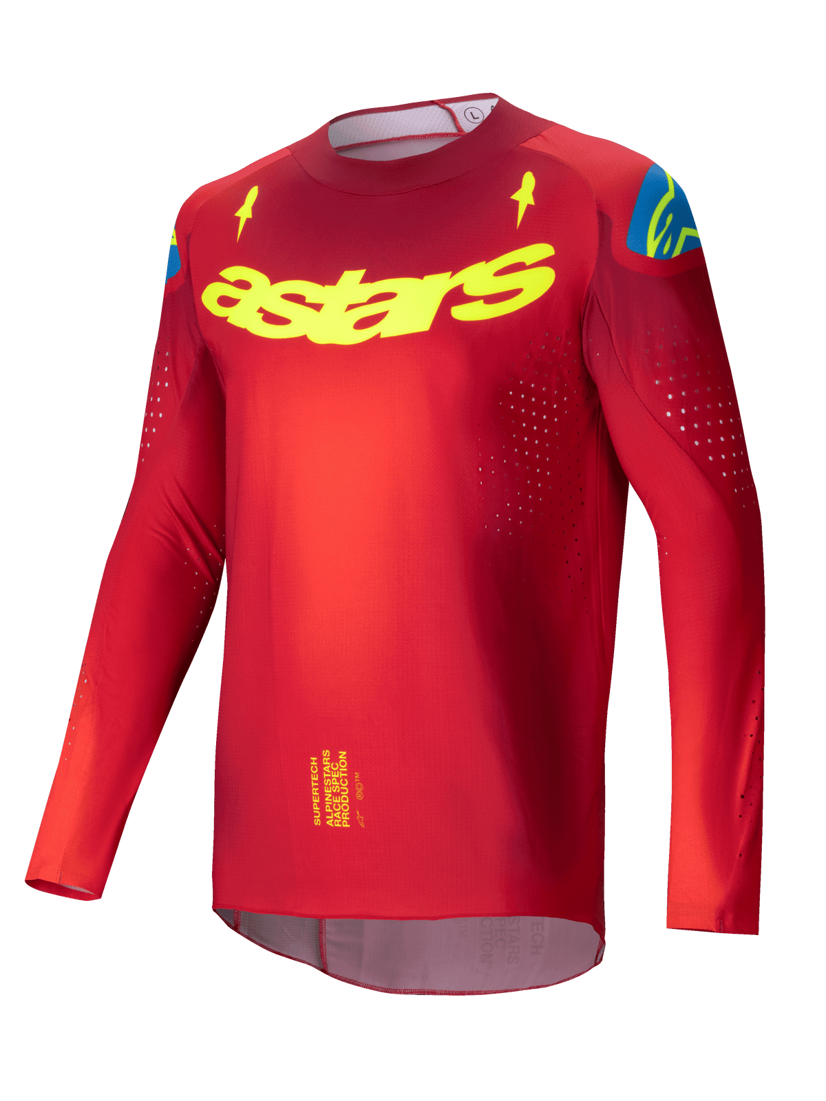 Alpinestars Jersey Supertech Maker 2025, jersey de motocross de nivel profesional para hombre en rojo brillante y amarillo fluo, malla elástica con perforaciones de ventilación