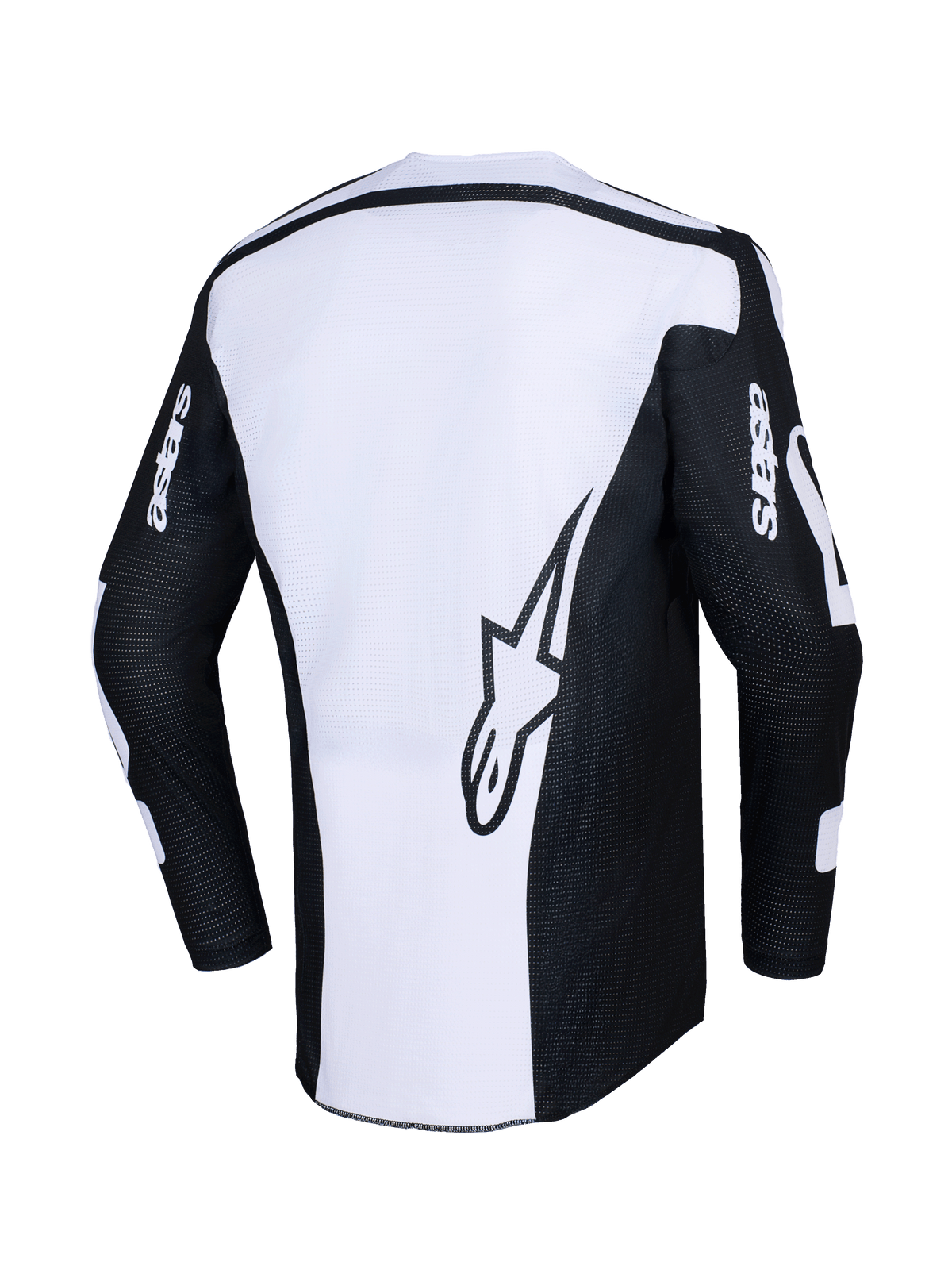 Alpinestars 2026 Racer Air Riway Jersey, Motocross Jersey, Black and White, back view showing large star logo on white panel, black sleeves with 'astars' branding, perforated mesh fabric for airflow, technical off-road riding gear
