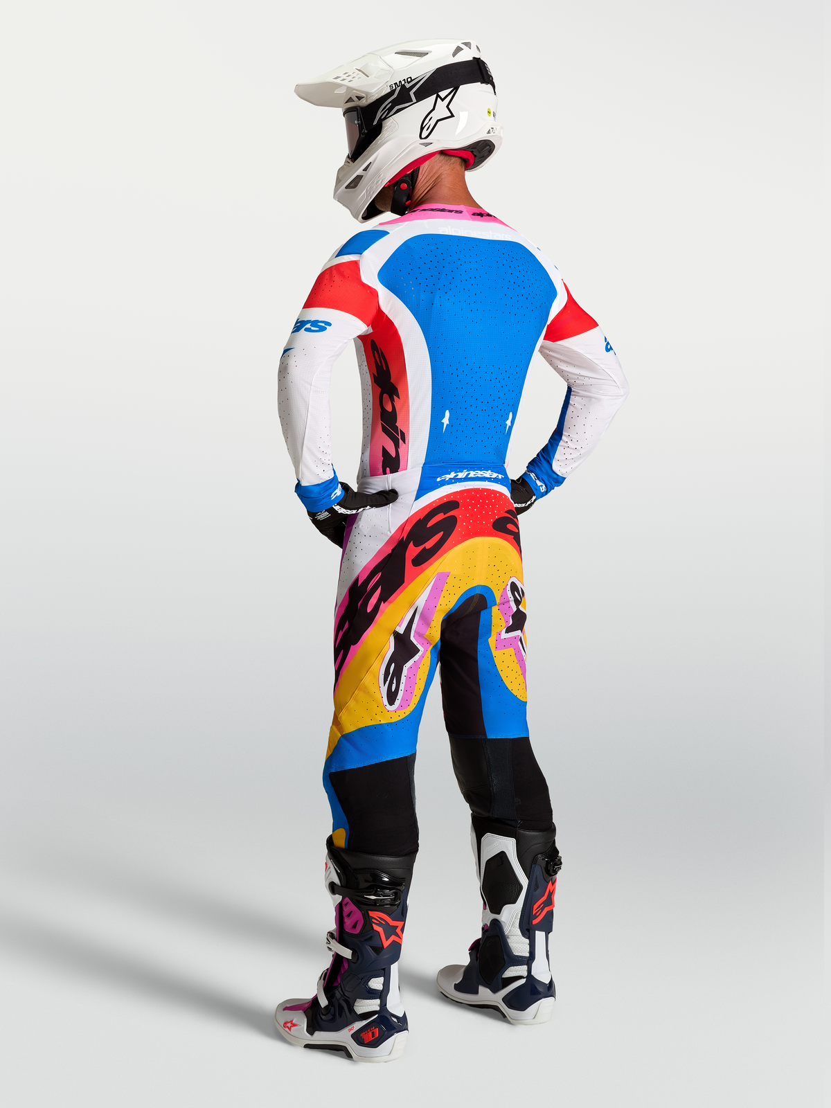 Alpinestars Supertech Dyna Gear Set y Jersey, conjunto de motocross para hombre, azul y blanco, ajuste atlético profesional