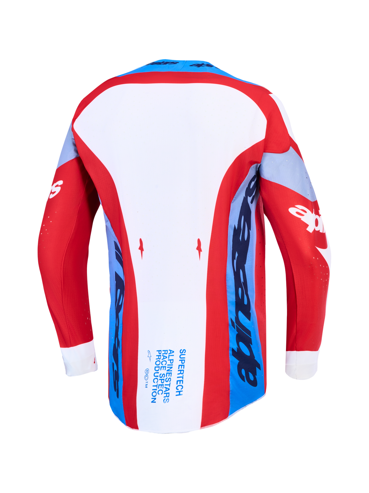 Alpinestars Supertech Dyna, jersey de motocross para hombre, rojo, blanco y azul marino, vista trasera con dobladillo trasero extendido.