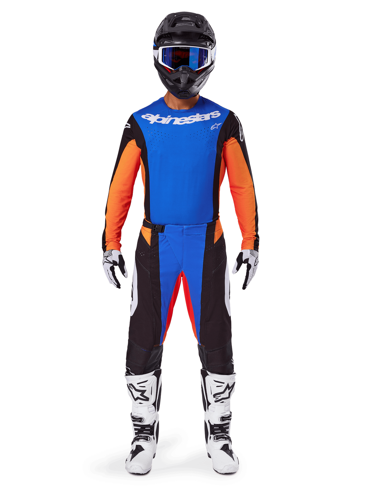 Alpinestars 2025 Techstar Melt Gear Set, Motocross rider wearing orange and blue jersey with black accents, matching pants, black helmet with blue goggles, white and black boots, coordinated outfit for professional off-road racing.
