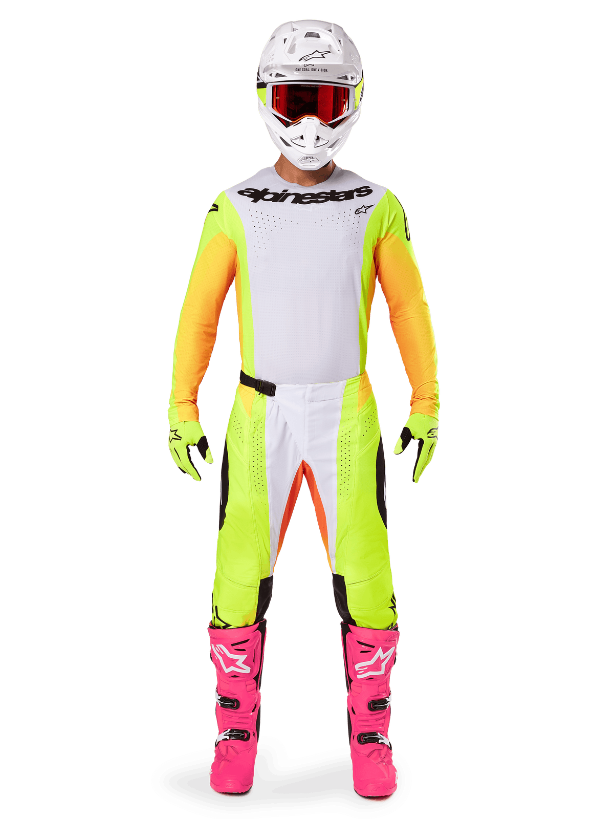 Alpinestars 2025 Techstar Melt Jersey, piloto de motocross con equipamiento completo, jersey blanco y amarillo con mangas naranjas, pantalones amarillos a juego, botas rosa brillante, casco blanco con gafas rojas, conjunto de carreras todoterreno coordinado