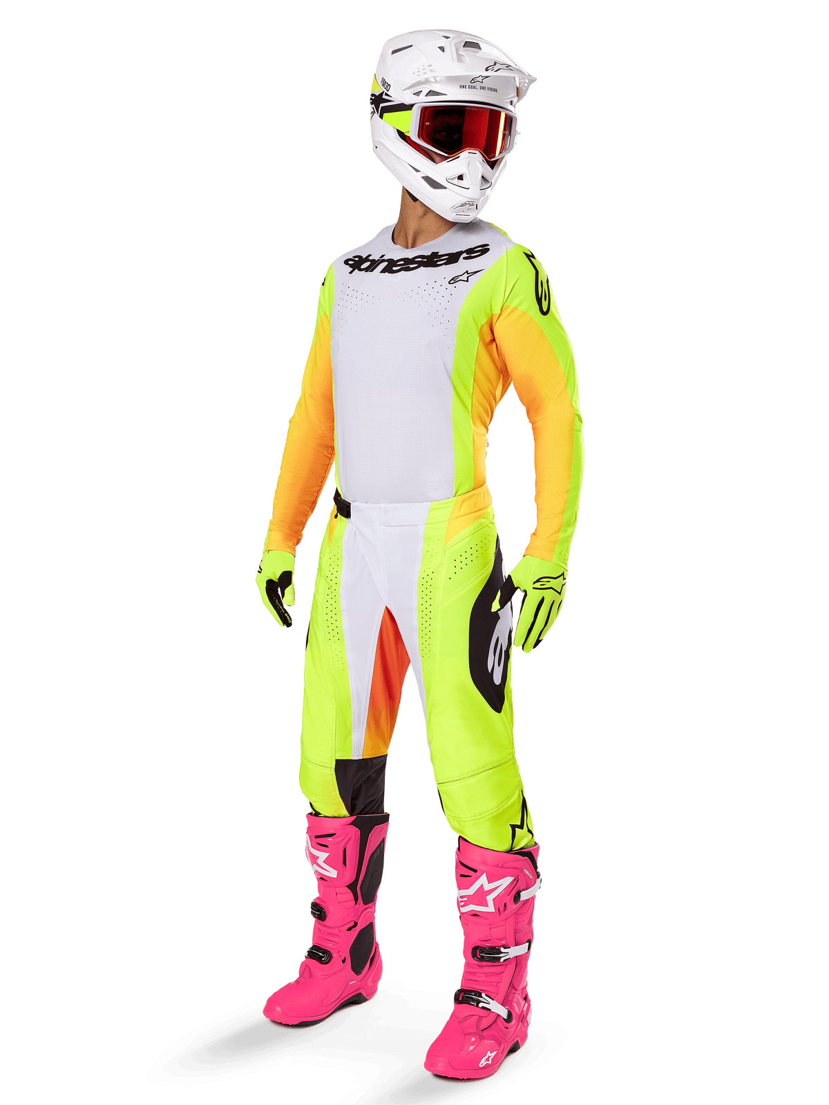 Piloto de motocross con equipamiento completo de carreras con el jersey Alpinestars 2025 Techstar Melt, frontal blanco con paneles laterales amarillos y mangas naranjas, pantalones amarillos y blancos a juego, casco blanco con gafas rojas y botas rosa vibrante, kit profesional de carreras todoterreno.
