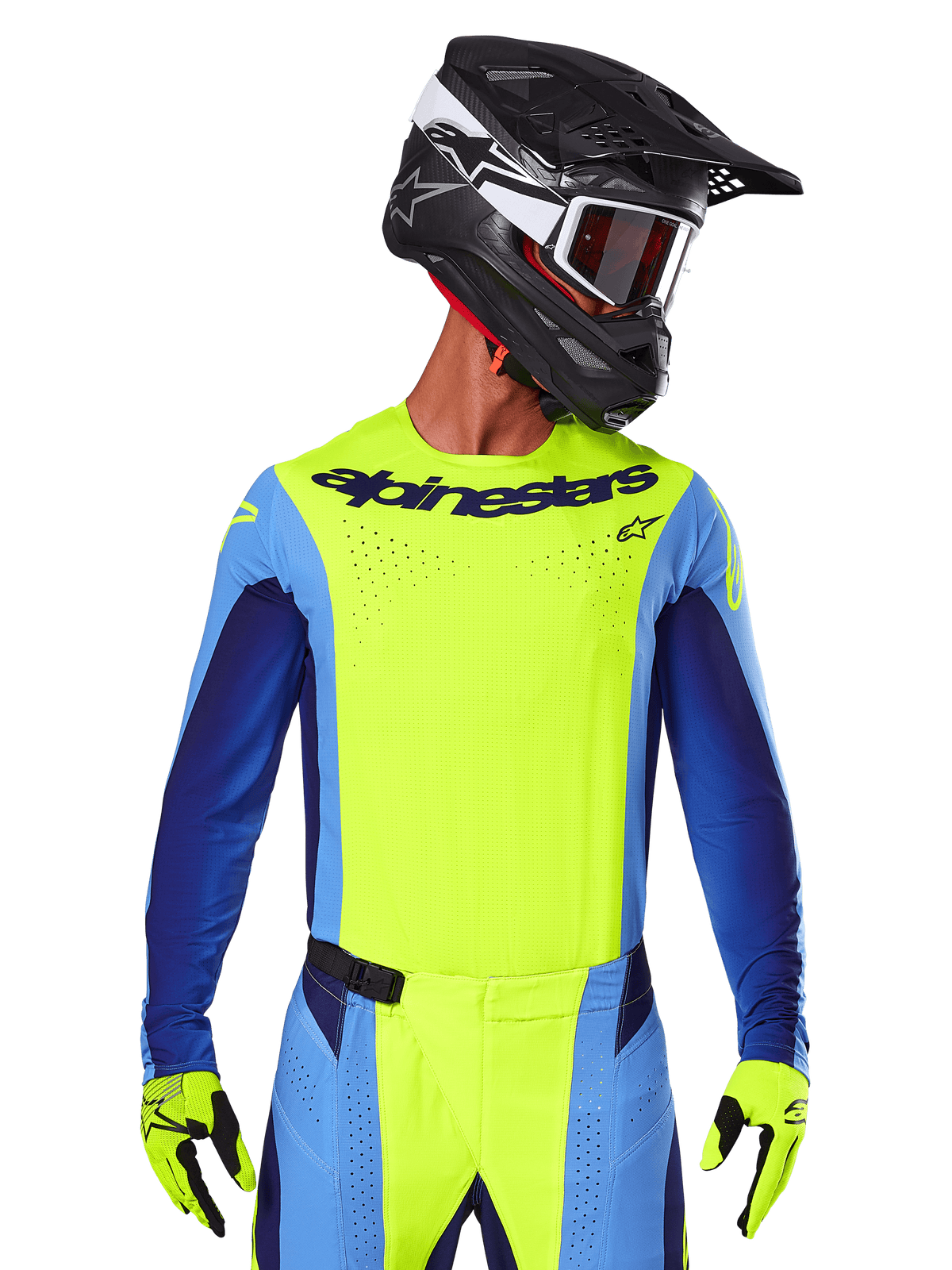 Alpinestars 2025 Techstar Melt Jersey, camiseta de motocross, amarillo flúor y azul, con ventilación cortada por láser y ajuste atlético de competición, usada por un piloto con casco negro y guantes amarillo flúor