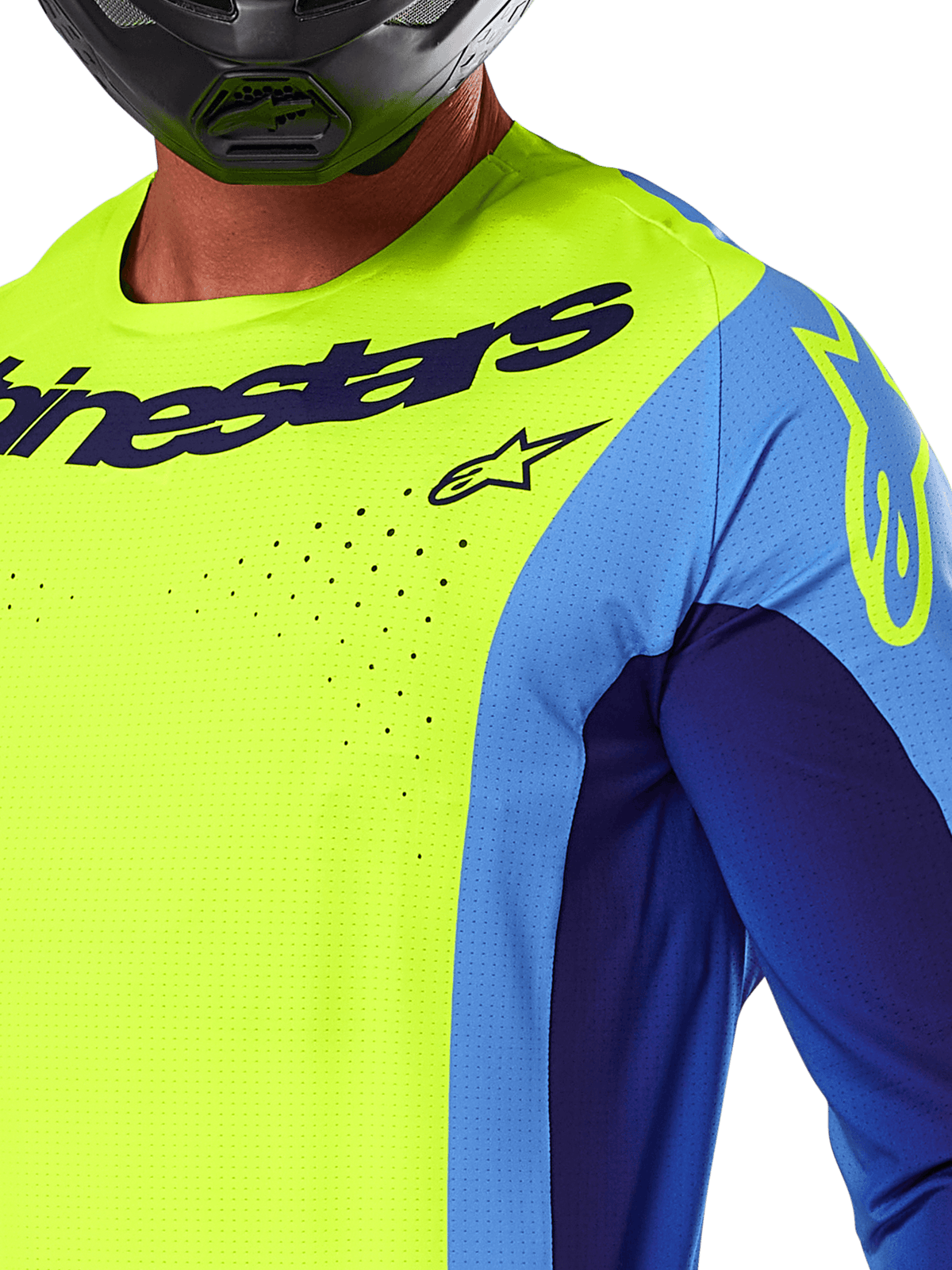 Alpinestars Techstar Melt Jersey 2025, jersey de motocross, amarillo flúor y azul, con perforaciones láser y logotipo llamativo en el pecho, ajuste atlético para carreras off-road, vista de primer plano con casco negro.