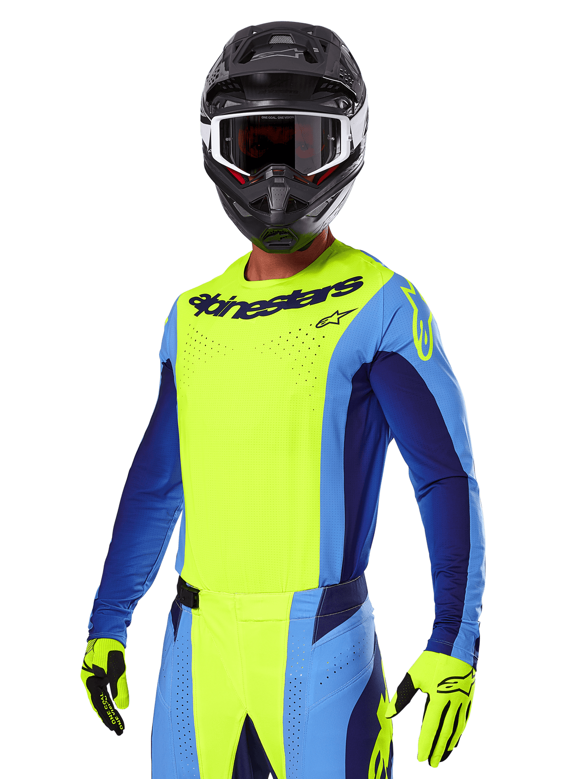 Alpinestars 2025 Techstar Melt Gear Set, piloto de motocross con jersey amarillo brillante y azul con pantalones a juego, casco negro con gafas blancas y negras, guantes amarillos, conjunto de carreras todoterreno coordinado con marca Alpinestars destacada y detalles perforados