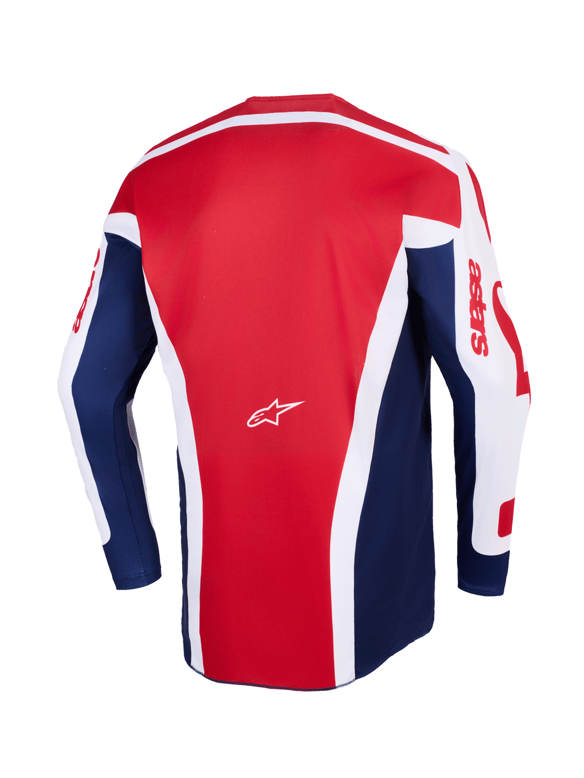 Jersey Alpinestars Racer Riway 2026, jersey de motocross, blanco, azul y rojo, vista posterior que muestra un gran panel central rojo con acentos blancos angulares, paneles laterales azules y mangas blancas con la marca astars en rojo, con un pequeño logo de Alpinestars blanco en el centro.