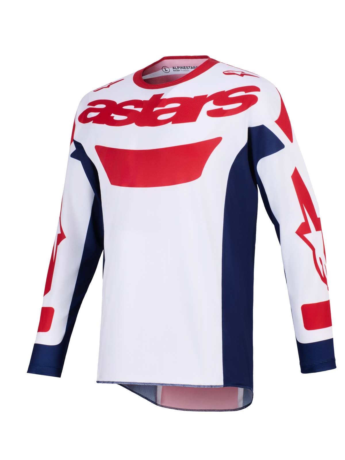Alpinestars 2026 Racer Riway Jersey, jersey de motocross, blanco, azul y rojo, logo astars rojo en el pecho, paneles laterales azul marino, mangas largas con gráficos rojos, equipamiento de alto rendimiento para conducción off-road
