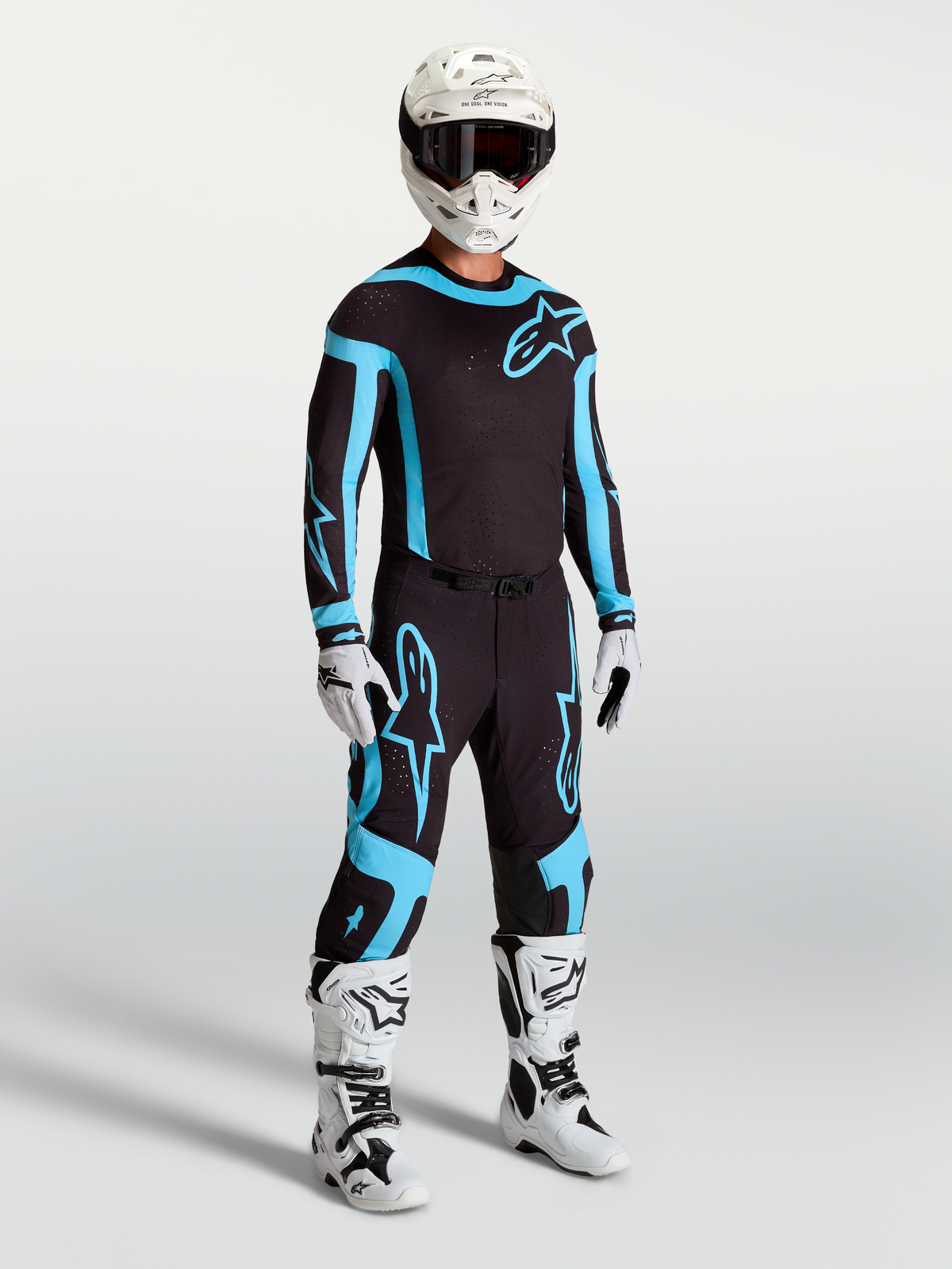 Alpinestars jersey Supertech Vesta y conjunto de motocross para hombre, negro y turquesa, ajuste atlético de competición