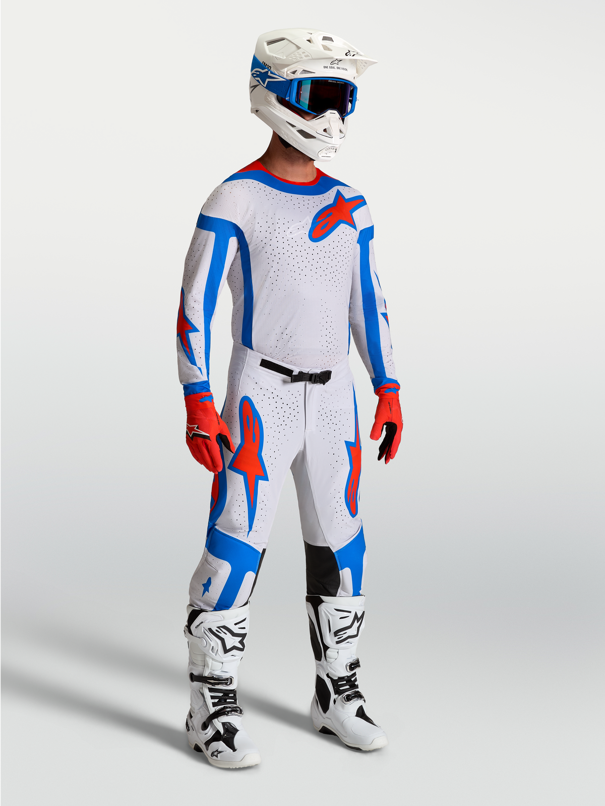 Alpinestars Supertech Vesta, conjunto de motocross profesional, lila claro, rojo cardinal y azul, con malla elástica