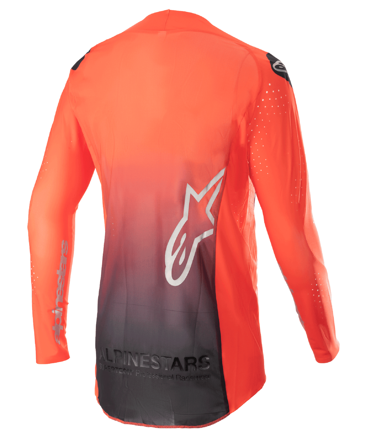 Alpinestars 2023 Supertech Risen Jersey, jersey de motocross, naranja intenso y negro, vista trasera con un diseño de degradado de naranja a negro, logotipo de estrella blanca grande en la espalda y tejido de malla transpirable para rendimiento off-road.