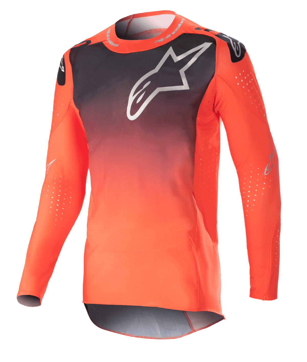 Alpinestars Supertech Risen Jersey 2023, jersey de motocross, degradado naranja intenso y negro, gran logotipo blanco en el pecho, perforaciones láser para ventilación, tejido de malla elástica ligera y ajuste de competición.
