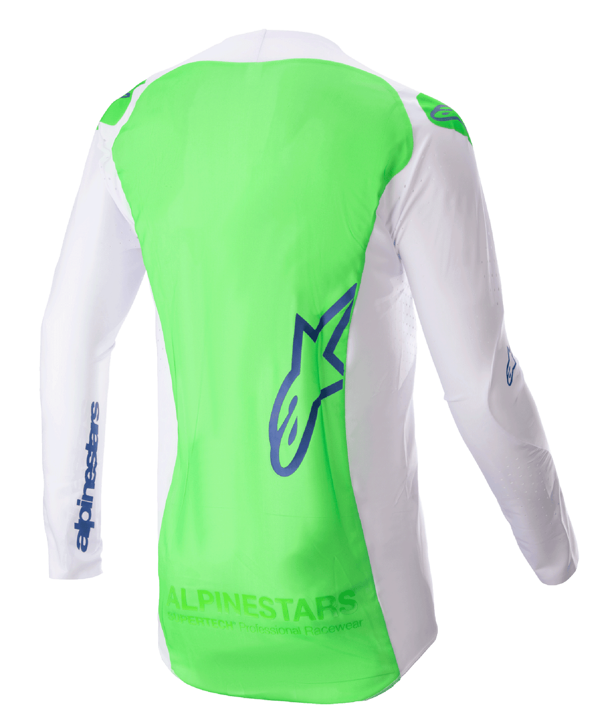 Alpinestars 2023 Supertech Risen Jersey, jersey de motocross, blanco y verde flúor con detalles en azul, vista trasera que resalta la malla elástica transpirable y el panel posterior extendido para mayor cobertura, equipamiento ligero de alto rendimiento para carreras fuera de carretera