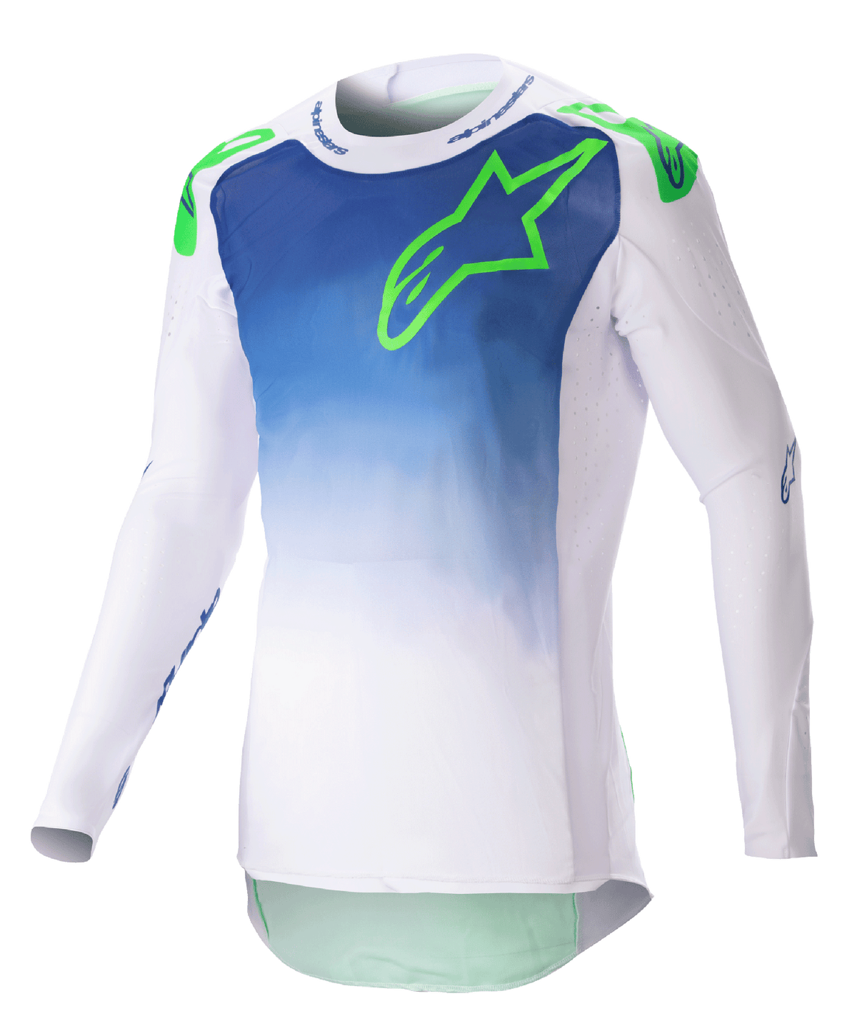 Alpinestars Supertech Risen Jersey 2023, jersey de motocross, azul y blanco con logo verde flúor, diseño de torso degradado, mangas largas perforadas, ajuste atlético de competición, equipamiento para carreras todoterreno