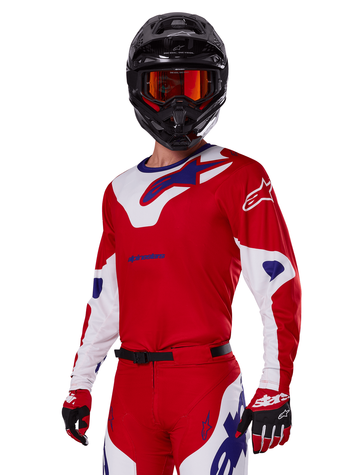 Alpinestars 2025 Racer Veil Gear Set, Motocross rider wearing red, white, and blue racing jersey and pants, black helmet with orange mirrored goggles, red and white gloves, performance off-road gear with bold branding