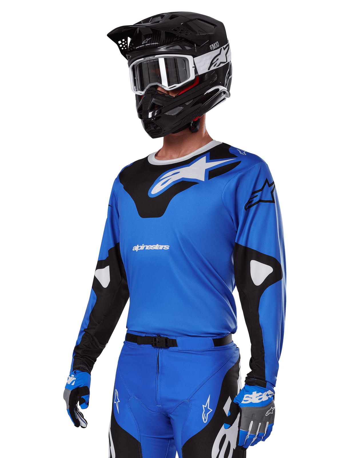 Alpinestars 2025 Racer Veil Gear Set, Blue Motocross Jersey with black and white graphics, worn with matching pants, black helmet, white goggles, and blue gloves, technical apparel for off-road racing