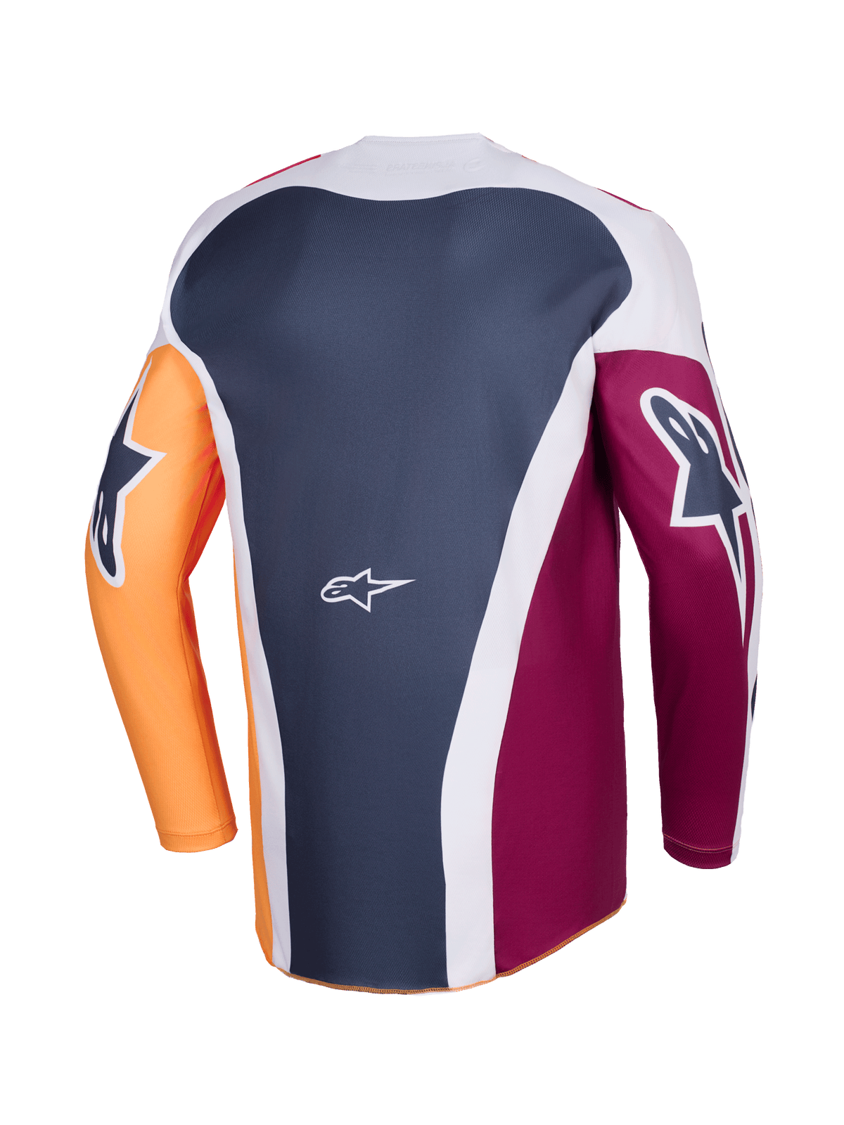 Alpinestars 2026 Racer Portl Jersey, Motocross Jersey, Red Orange and Dark Gray, rear view showing multi-panel construction, white Alpinestars logo on lower back, bold graphic logos on long sleeves, performance gear for off-road racing