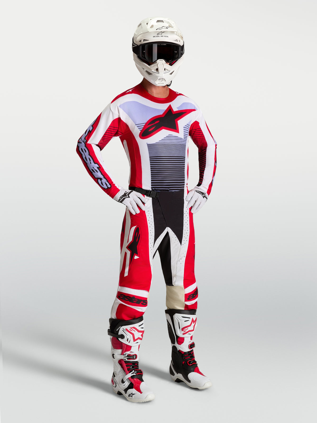 Alpinestars Techstar Maven, equipo de motocross para hombre, rojo, blanco y lavanda, con jersey y pantalones de carreras