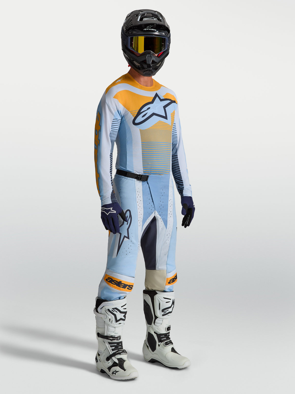 Alpinestars Techstar Maven, conjunto de motocross para hombre, azul polvo y naranja, ajuste atlético para off-road