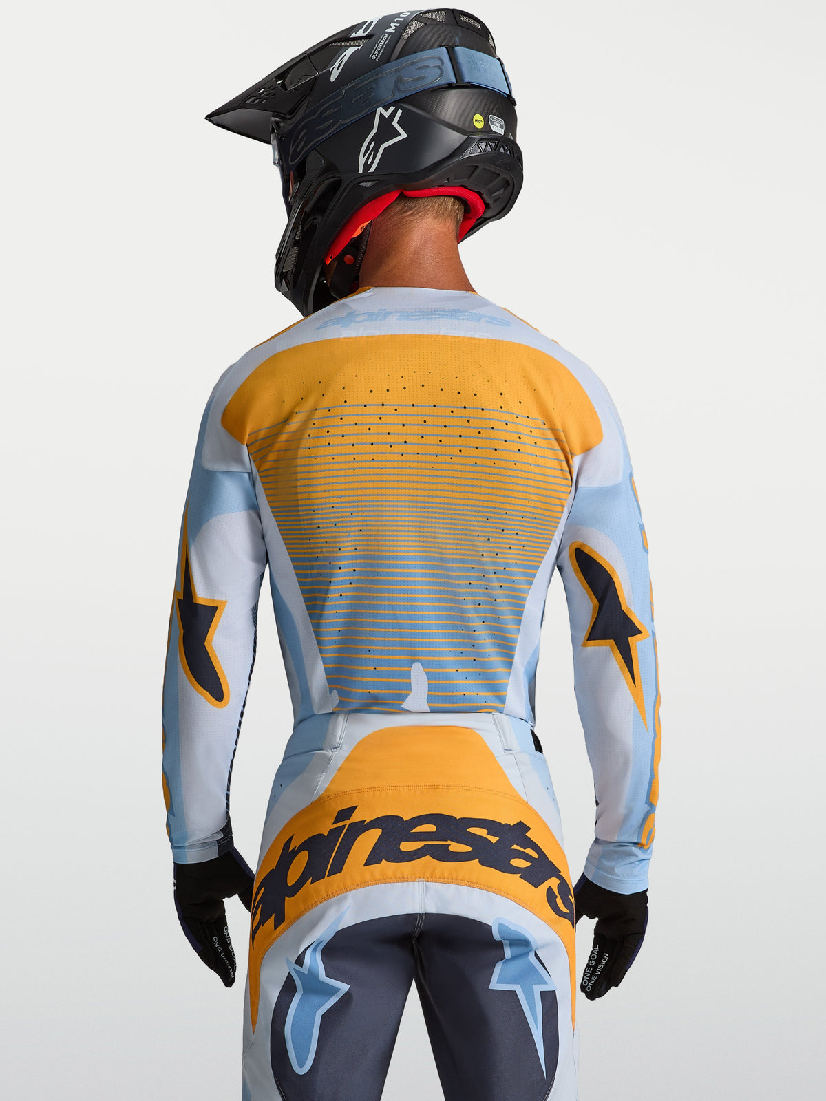 Alpinestars Techstar Maven, jersey de motocross para hombre, azul y naranja, vista trasera con ventilación cortada con láser