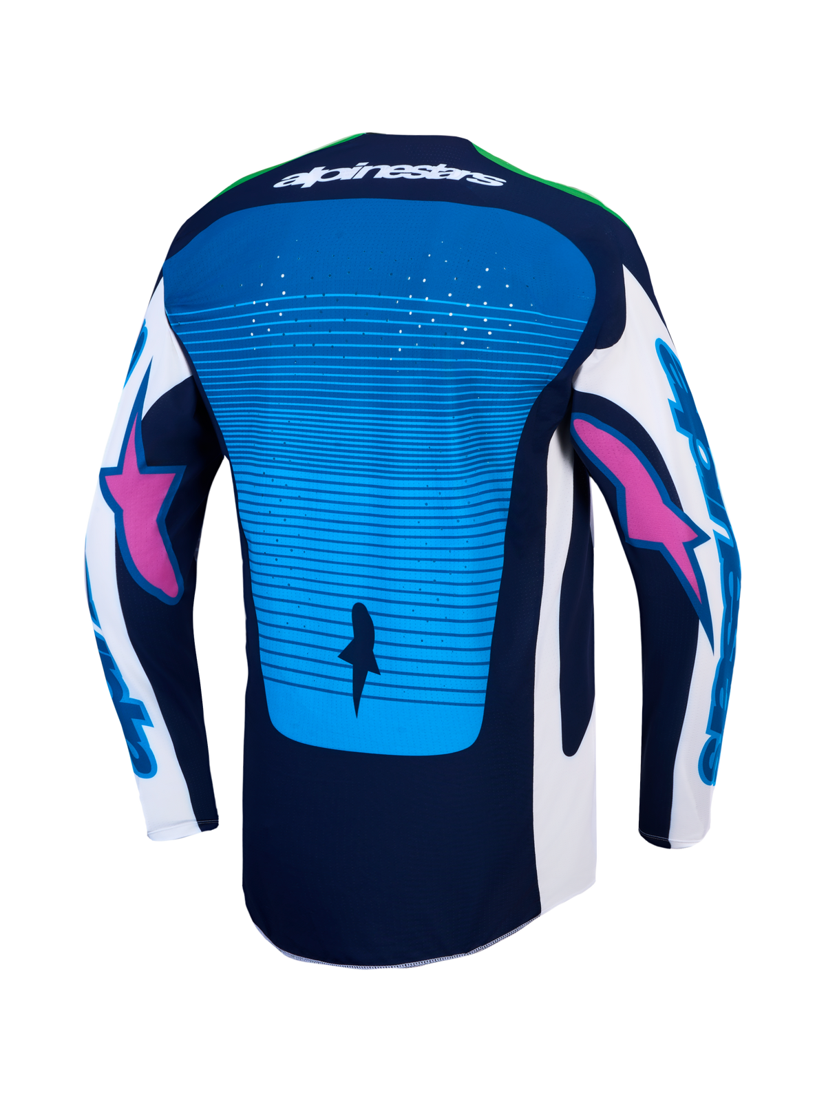 Jersey Techstar Maven AND Techstar Maven Gear Set de Alpinestars, azul y azul marino, vista trasera con ventilación láser.