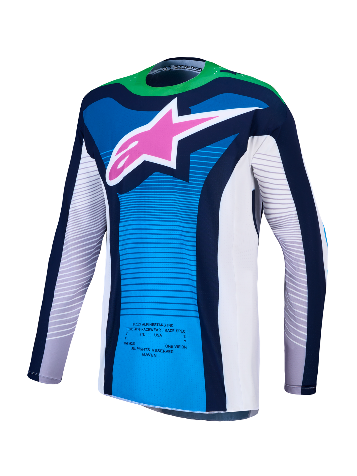 Alpinestars Jersey Techstar Maven AND Techstar Maven Gear Set, jersey de motocross para hombre, azul y verde flúor con logotipo de estrella rosa, ajuste de carrera, tejido elástico y ventilación láser.