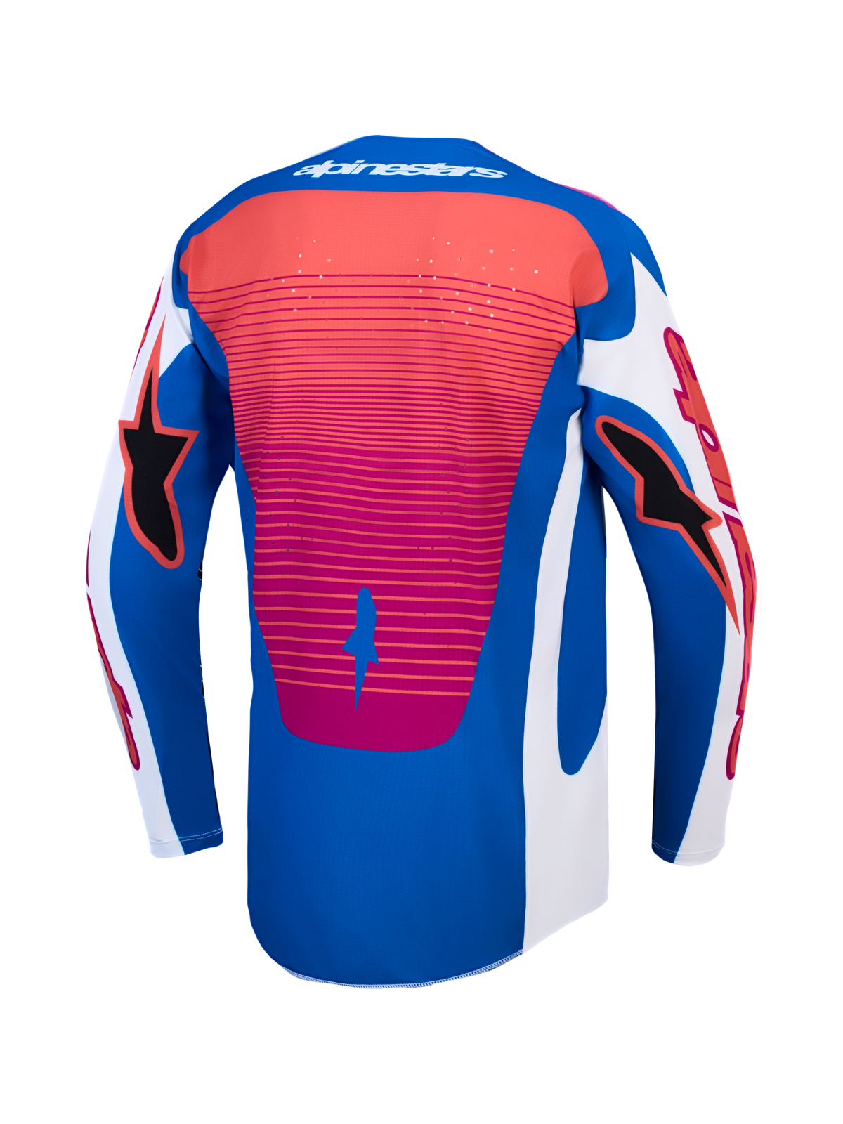 Jersey Alpinestars Techstar Maven, vista trasera, azul y rojo, para motocross con ventilación láser y ajuste deportivo.