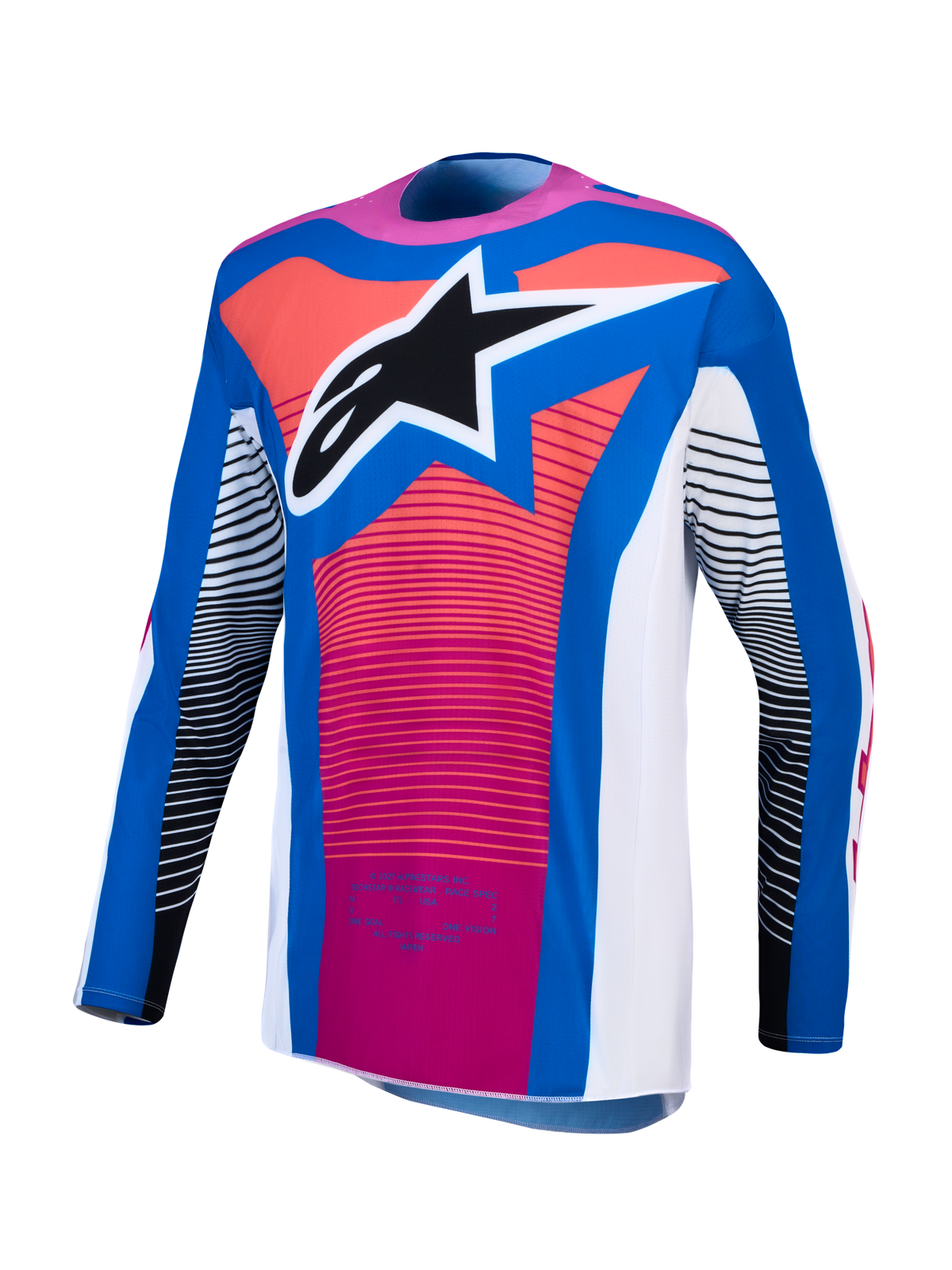 Alpinestars Techstar Maven Jersey, jersey de motocross azul y rosa, ajuste atlético con logotipo de estrella en el pecho