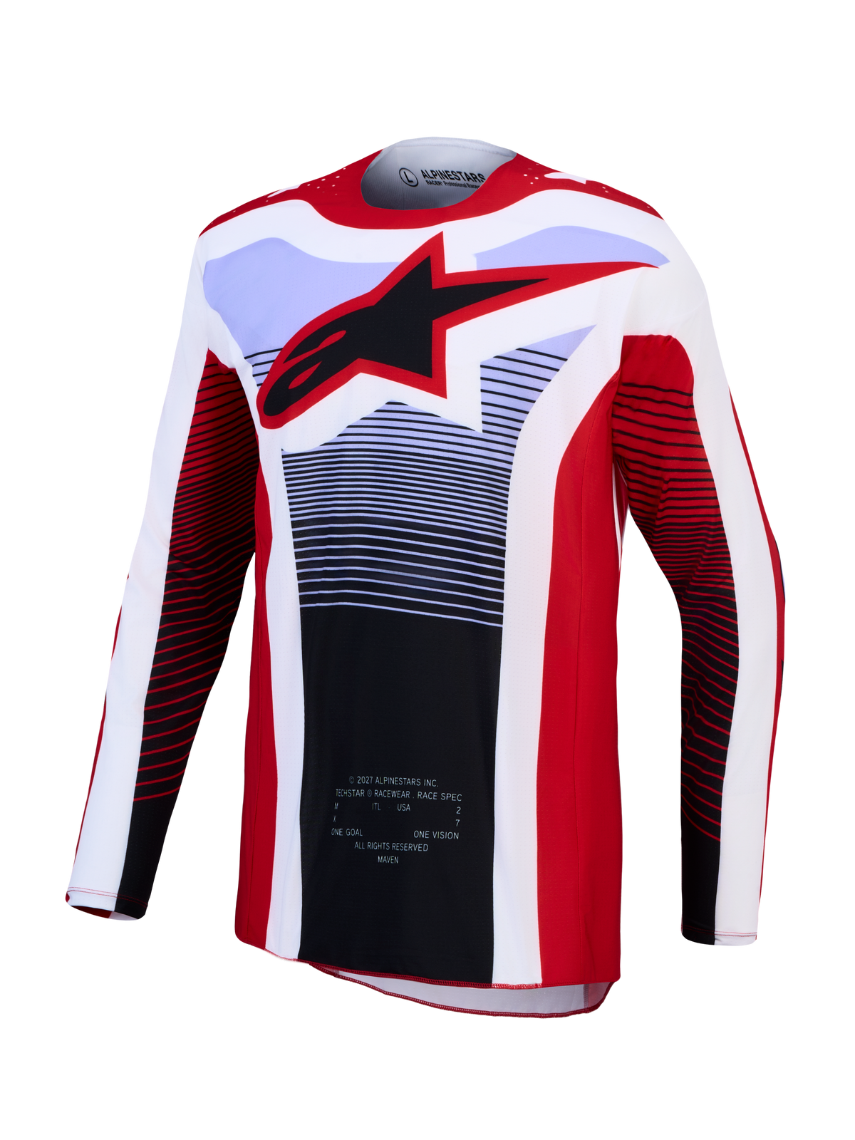 Jersey Techstar Maven de Alpinestars, jersey de motocross, rojo y blanco, transpirable con logo de estrella negro