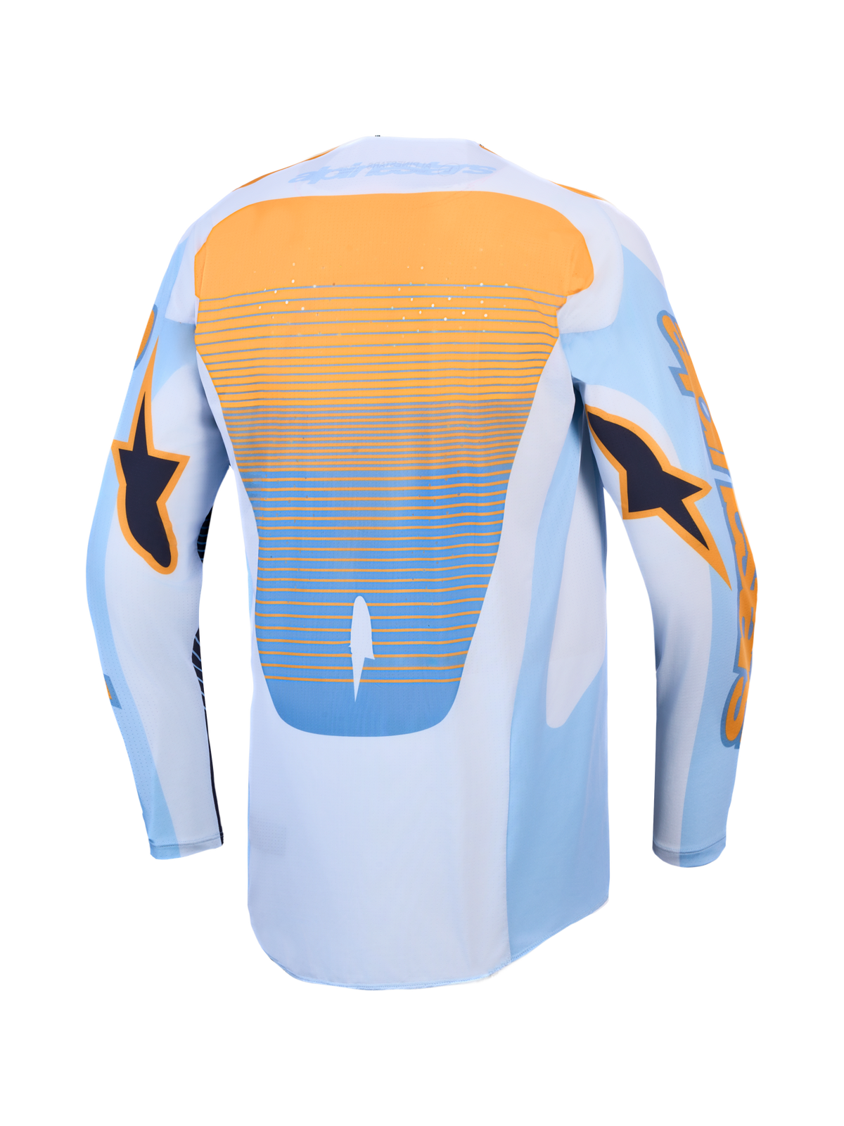 Jersey Techstar Maven de Alpinestars, jersey de motocross azul y naranja con ventilación láser y parte trasera extendida