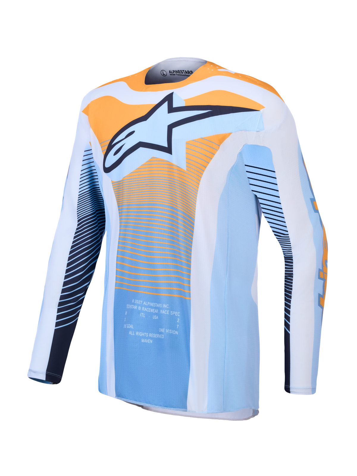 Alpinestars Techstar Maven, jersey de motocross para hombre, azul polvo y naranja, ajuste atlético con tejido transpirable