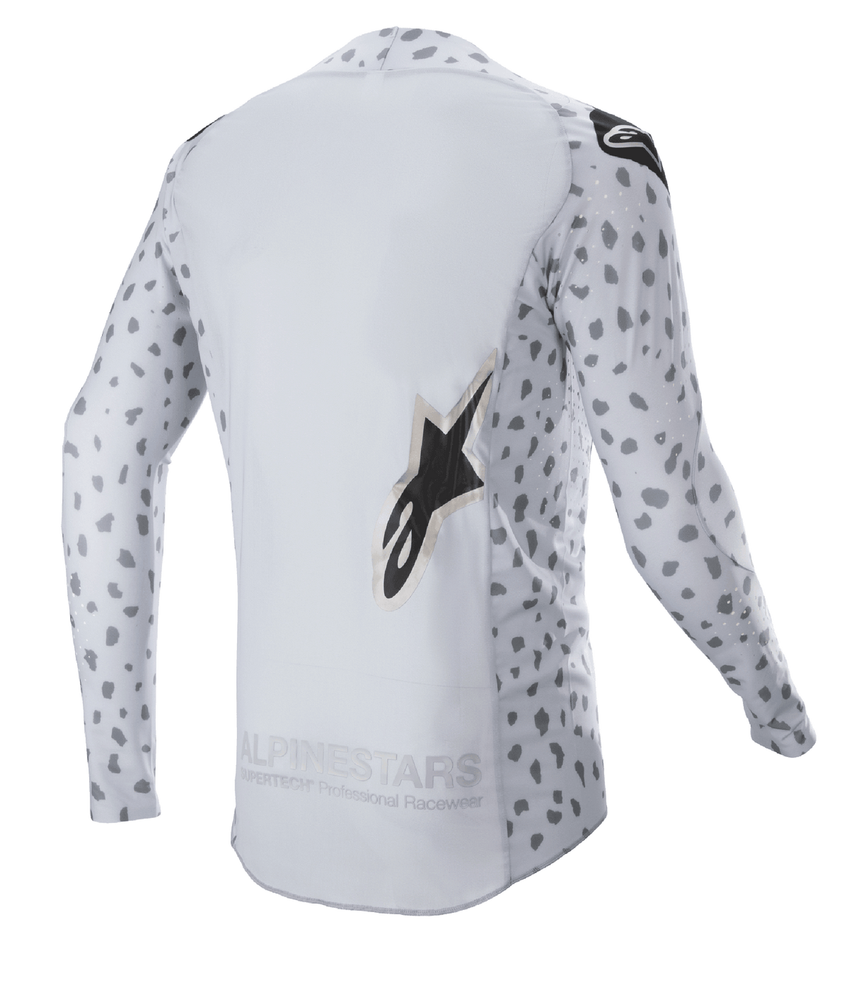 Alpinestars 2023 Supertech North Jersey, jersey de motocross, gris Haze y negro, vista trasera con un patrón de manchas abstractas en las mangas y los laterales, logotipo de estrella grande, panel trasero extendido y construcción de rendimiento transpirable
