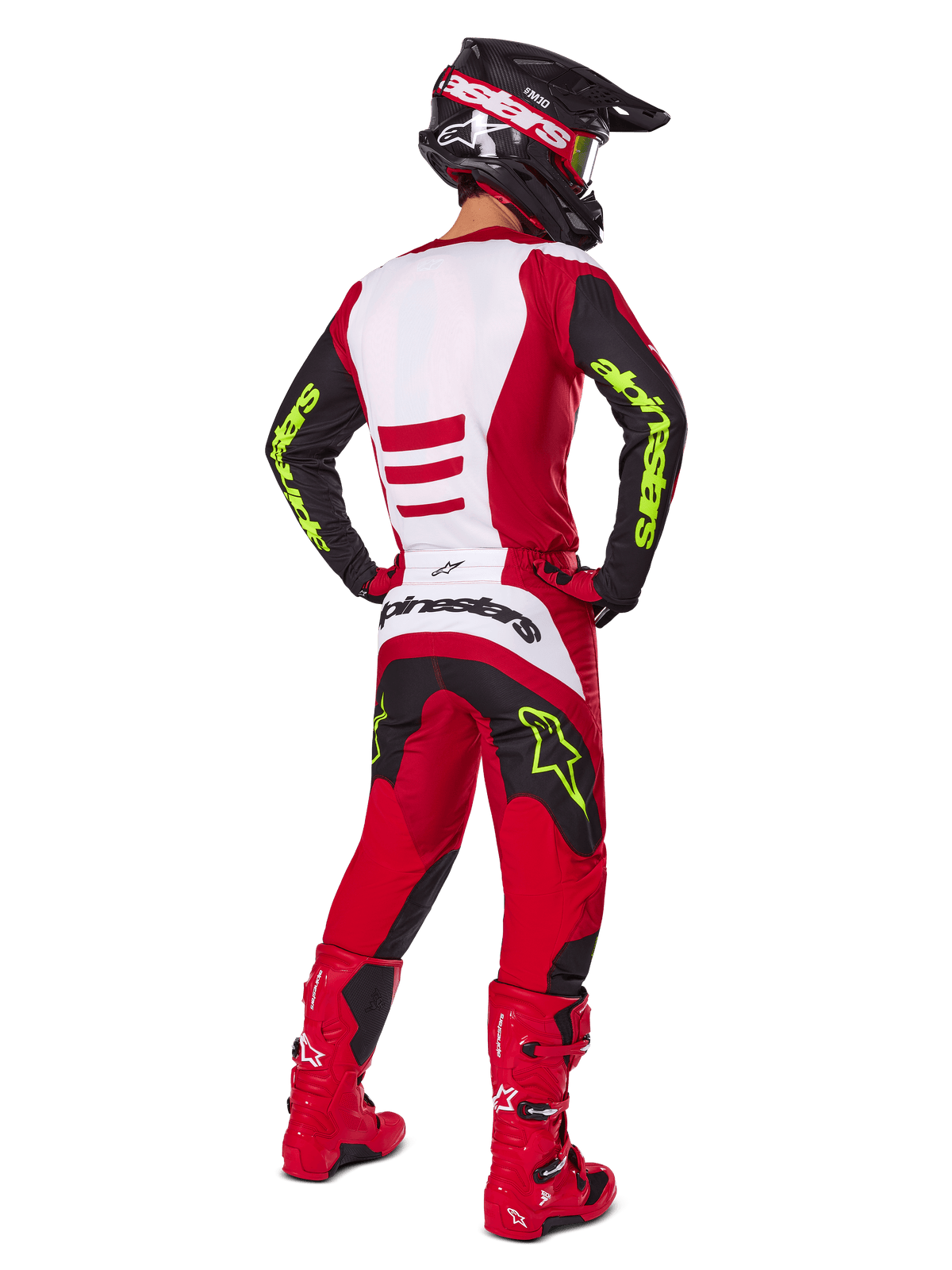 Alpinestars conjunto y jersey Fluid Haul 2025 para hombre visto desde atrás, equipo de motocross rojo, negro y amarillo neón.