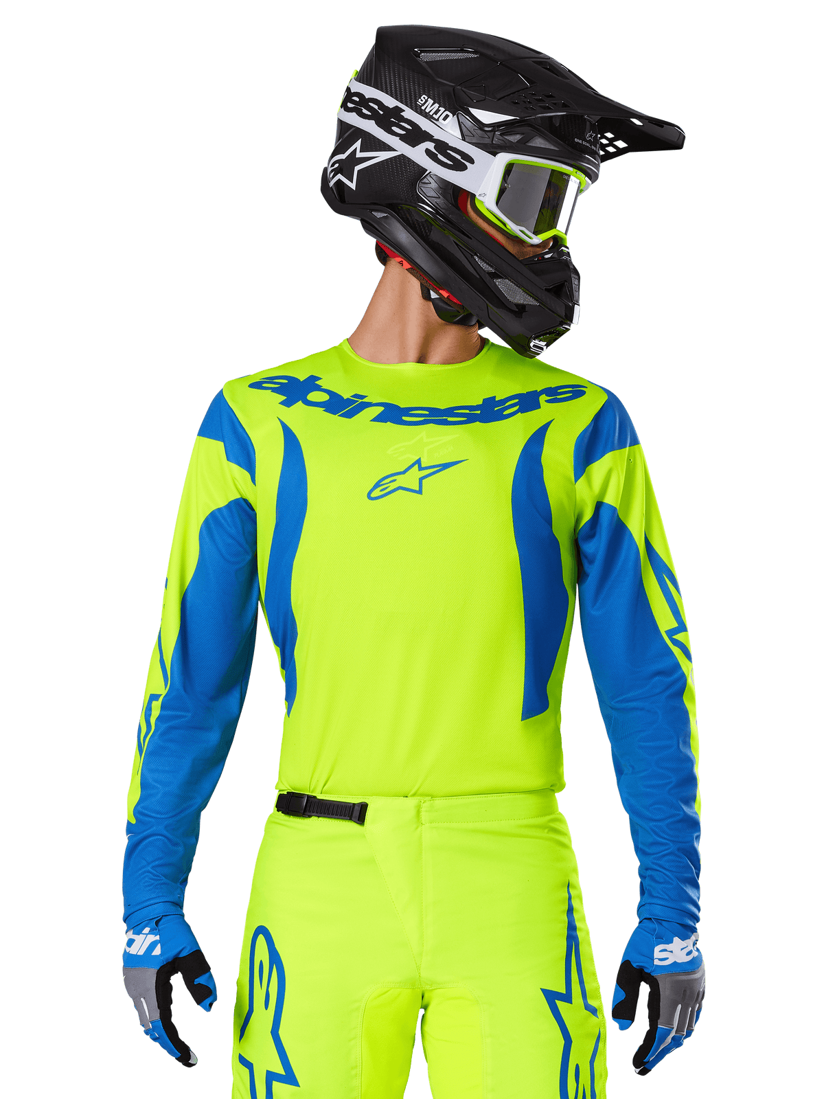 Alpinestars 2025 Fluid Haul Jersey, Motocross Jersey, Neon Yellow and Blue, featuring blue Alpinestars branding on the chest, worn with matching gear including a black helmet and blue gloves, athletic fit for off-road riding