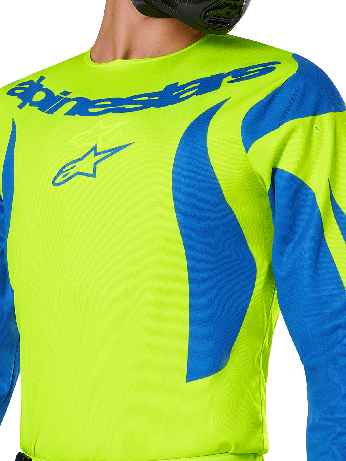 Alpinestars 2025 Fluid Haul Jersey, Motocross Jersey, Yellow Fluo and Blue, featuring bold blue Alpinestars branding across the chest and wavy blue patterns on the shoulders, athletic fit for off-road racing