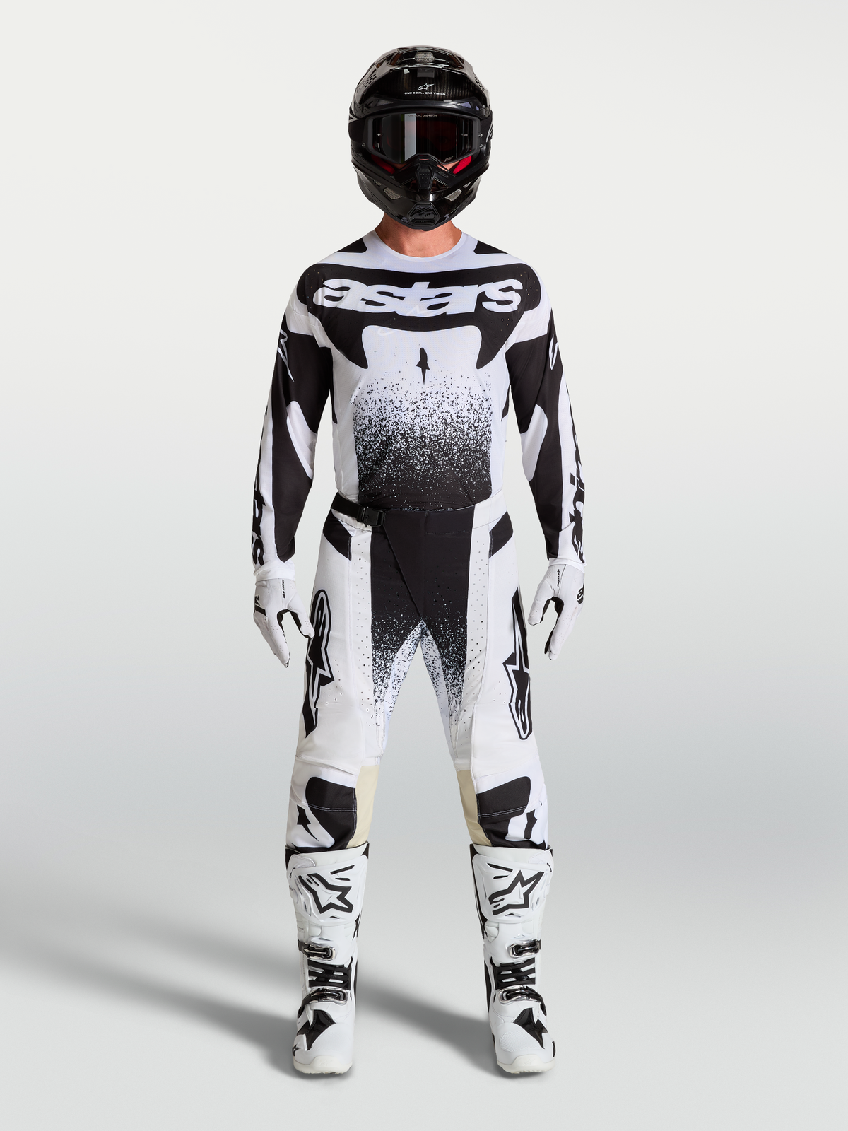 Alpinestars Jersey Techstar Swan y Techstar Swan Gear Set, conjunto de motocross para hombre, blanco y negro con gráficos punteados, equipamiento off-road de alto rendimiento