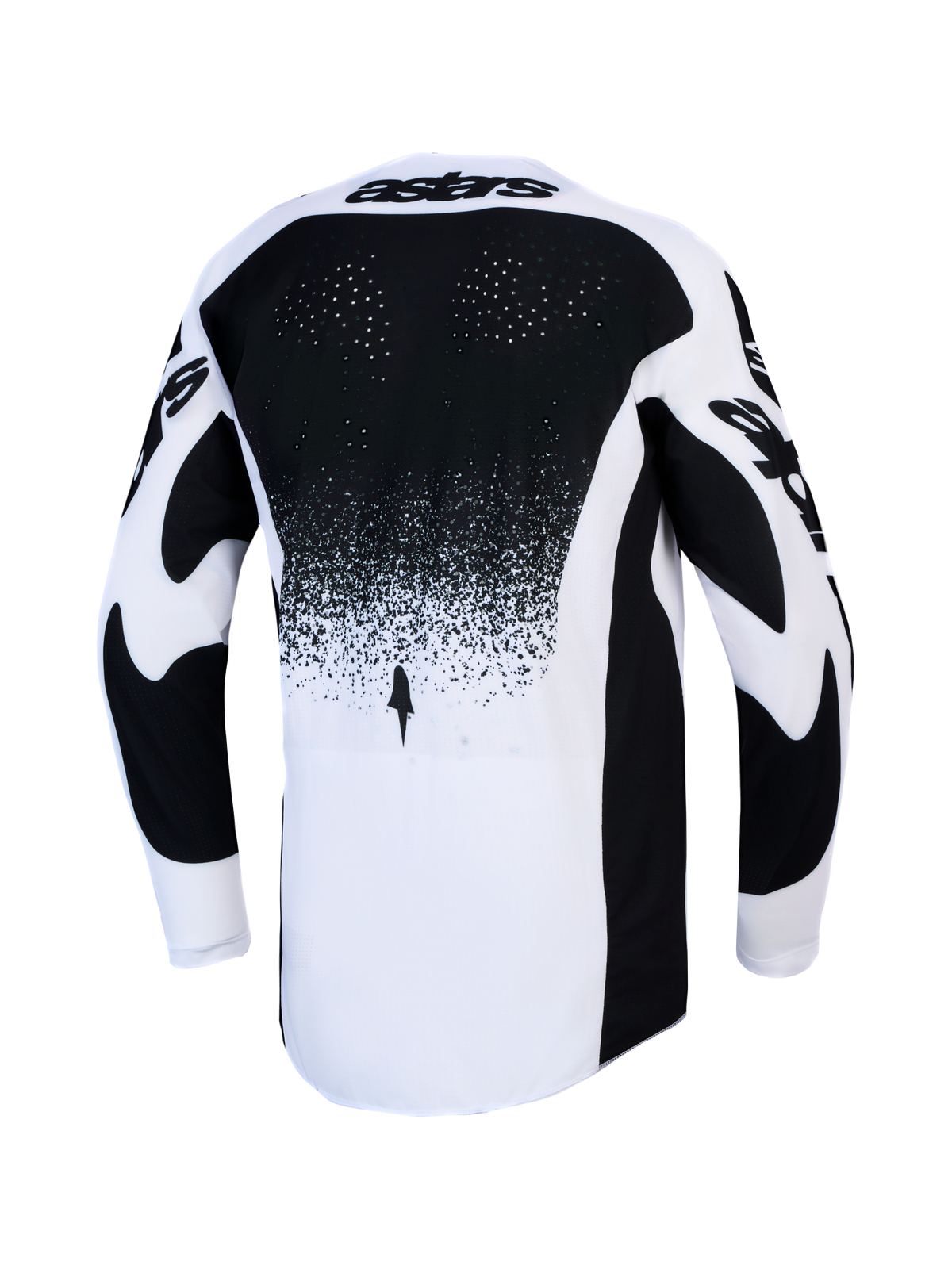 Alpinestars Jersey Techstar Swan, jersey de motocross, negro y blanco, ventilación trasera y parte trasera extendida