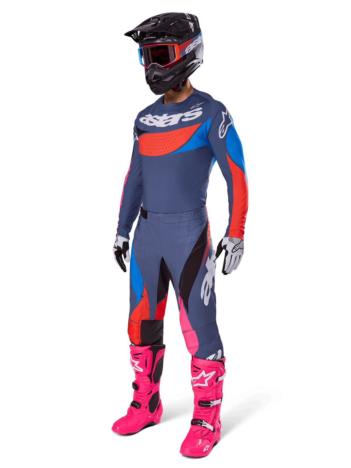 Alpinestars 2025 Techstar Dreem Motocross Gear Set, complete off-road racing outfit featuring a gray and blue jersey with red accents, matching pants with pink highlights, black helmet, bright pink boots, and white and black gloves