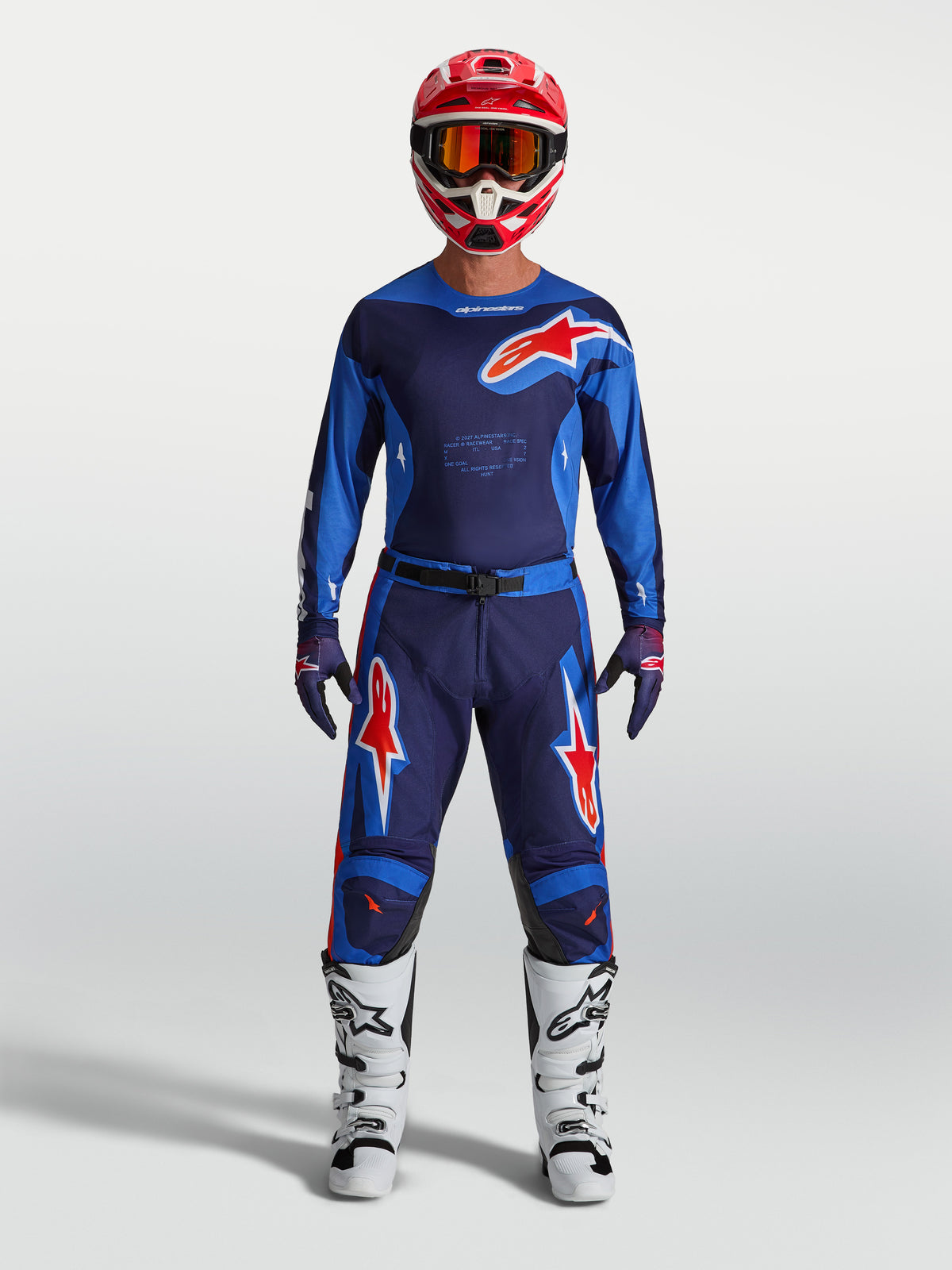 Alpinestars Racer Hunt Jersey y Racer Hunt Gear Set 2027, equipo de motocross para hombre, azul y rojo, confección textil.
