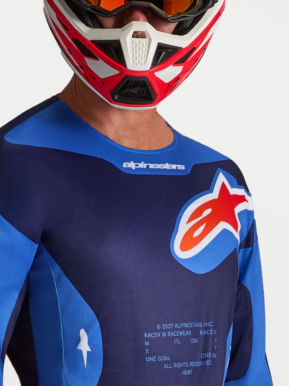 Jersey Alpinestars Racer Hunt de motocross para hombre, azul y rojo, con tejido transpirable y gran logotipo en el pecho