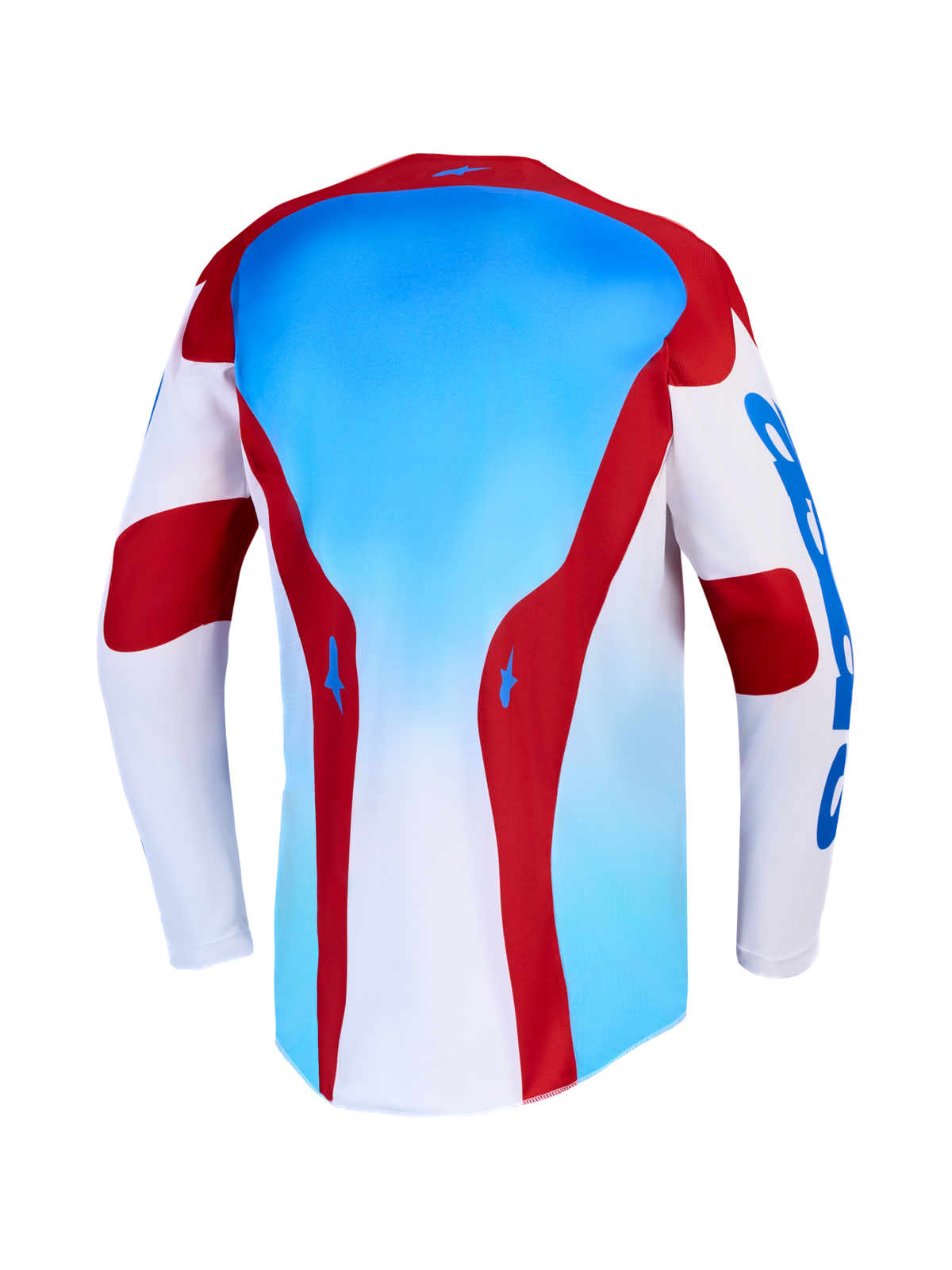 Alpinestars Racer Hunt Jersey y Racer Hunt Gear Set, jersey de motocross, azul, rojo y blanco, vista trasera.