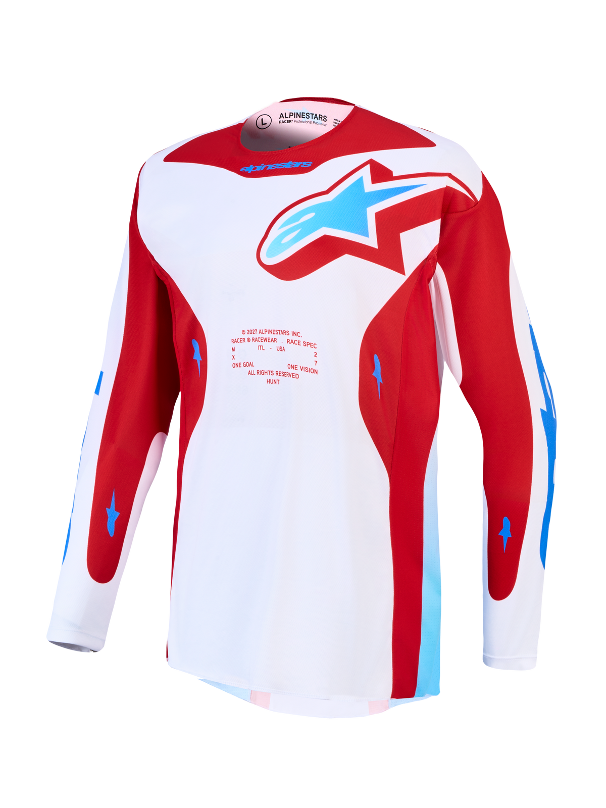 Alpinestars Racer Hunt Jersey, jersey de motocross blanco y rojo con detalles azules, tejido técnico transpirable.