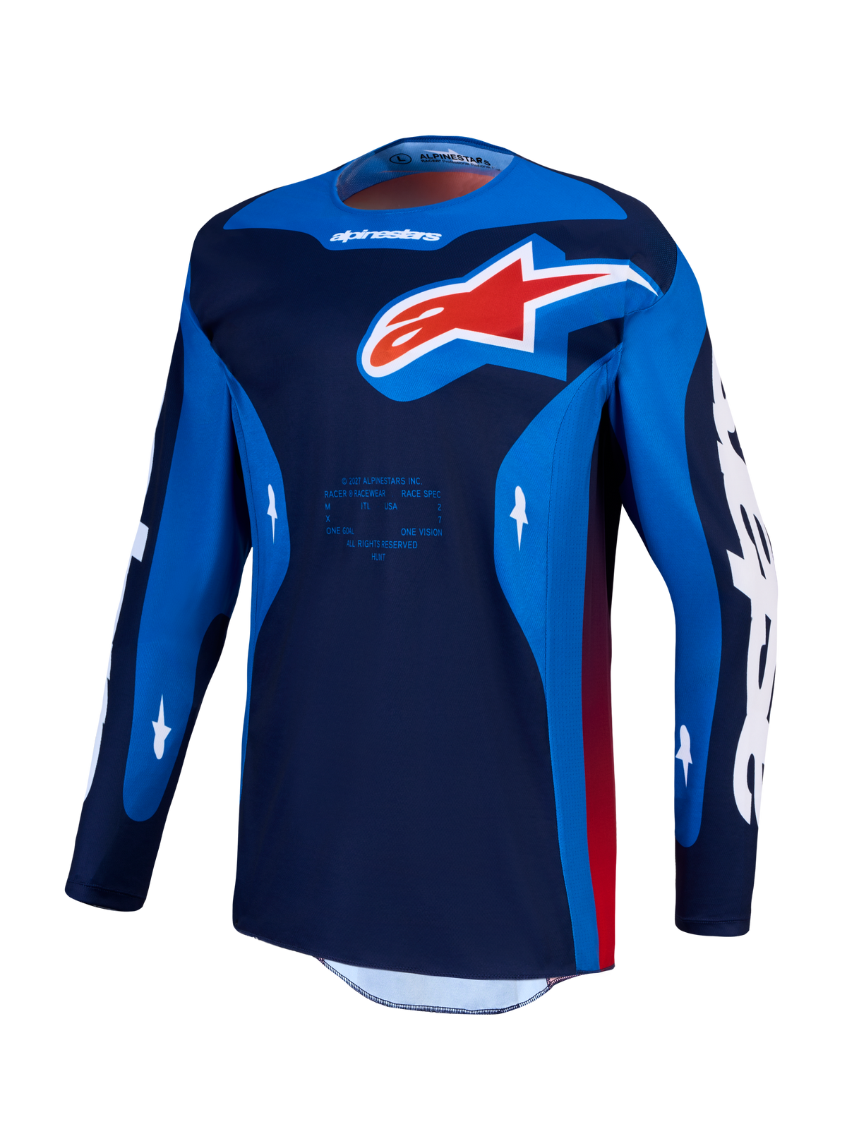 Alpinestars Racer Hunt Jersey, jersey de motocross para hombre, azul marino y azul real con logo rojo, equipo para off-road