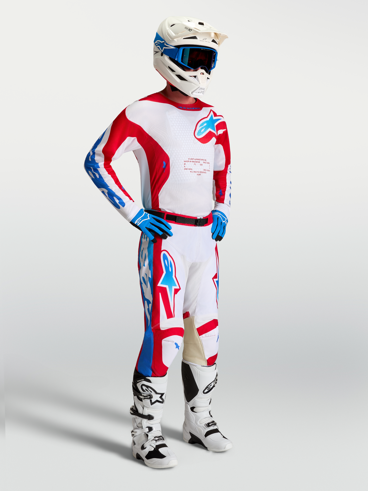 Jersey Racer Hunt de Alpinestars, ropa de motocross para hombre, blanco, rojo y azul, polifabricado ligero que absorbe la humedad, diseño ergonómico de alto rendimiento