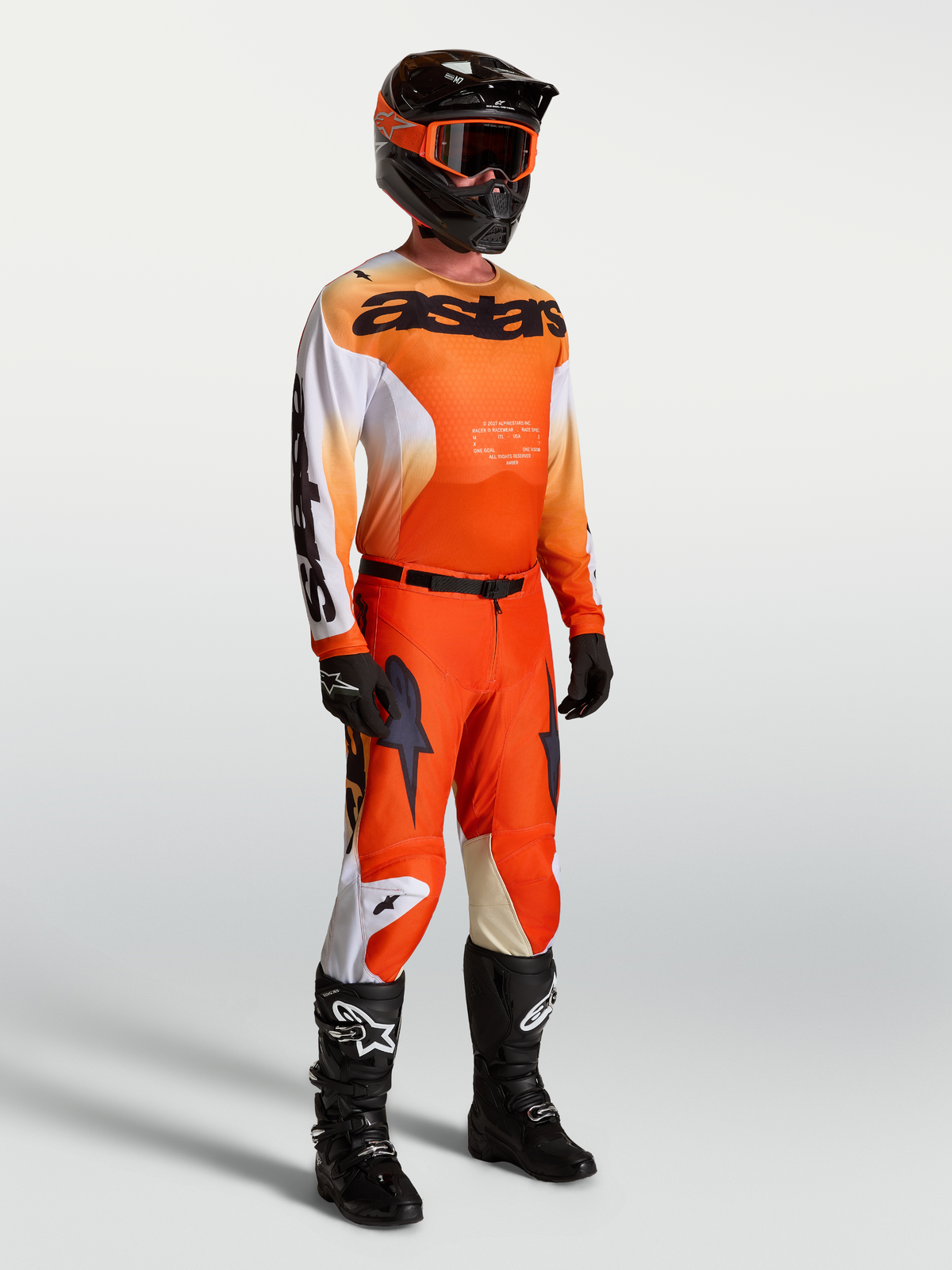 Alpinestars Racer Amber Gear Set, Men's Motocross Jersey and Pants, Orange and White, performance race fit.