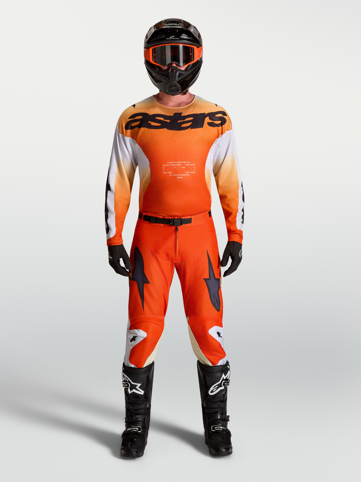 Alpinestars 2027 Racer Amber Gear Set y pantalones, equipo de motocross naranja y negro para alto rendimiento.